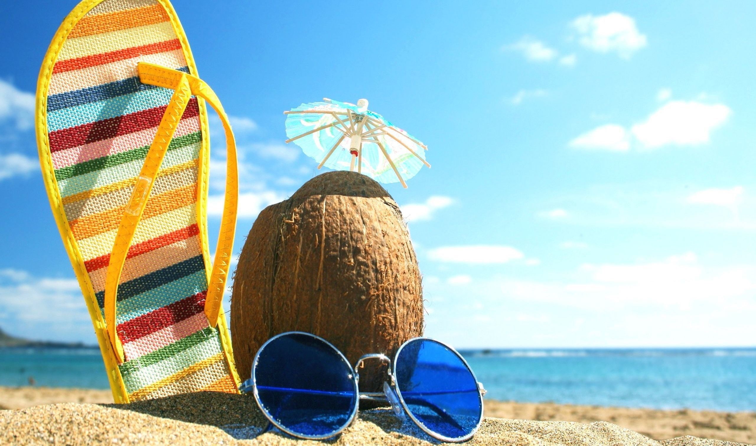 island, idyllic, relaxation, travel, sunlight, lifestyles, personal Accessory, sun, protection, flip-flop, recreational Pursuit, blue, 2K, umbrella, coastline, HD Wallpaper