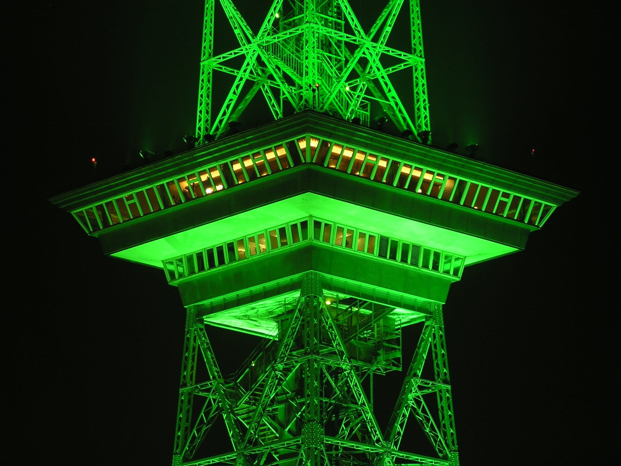low angle view, green color, steel, communication, 1080P, nightlife, beams, built structure, tourism, architecture, neon light, creativity, illuminated, HD Wallpaper
