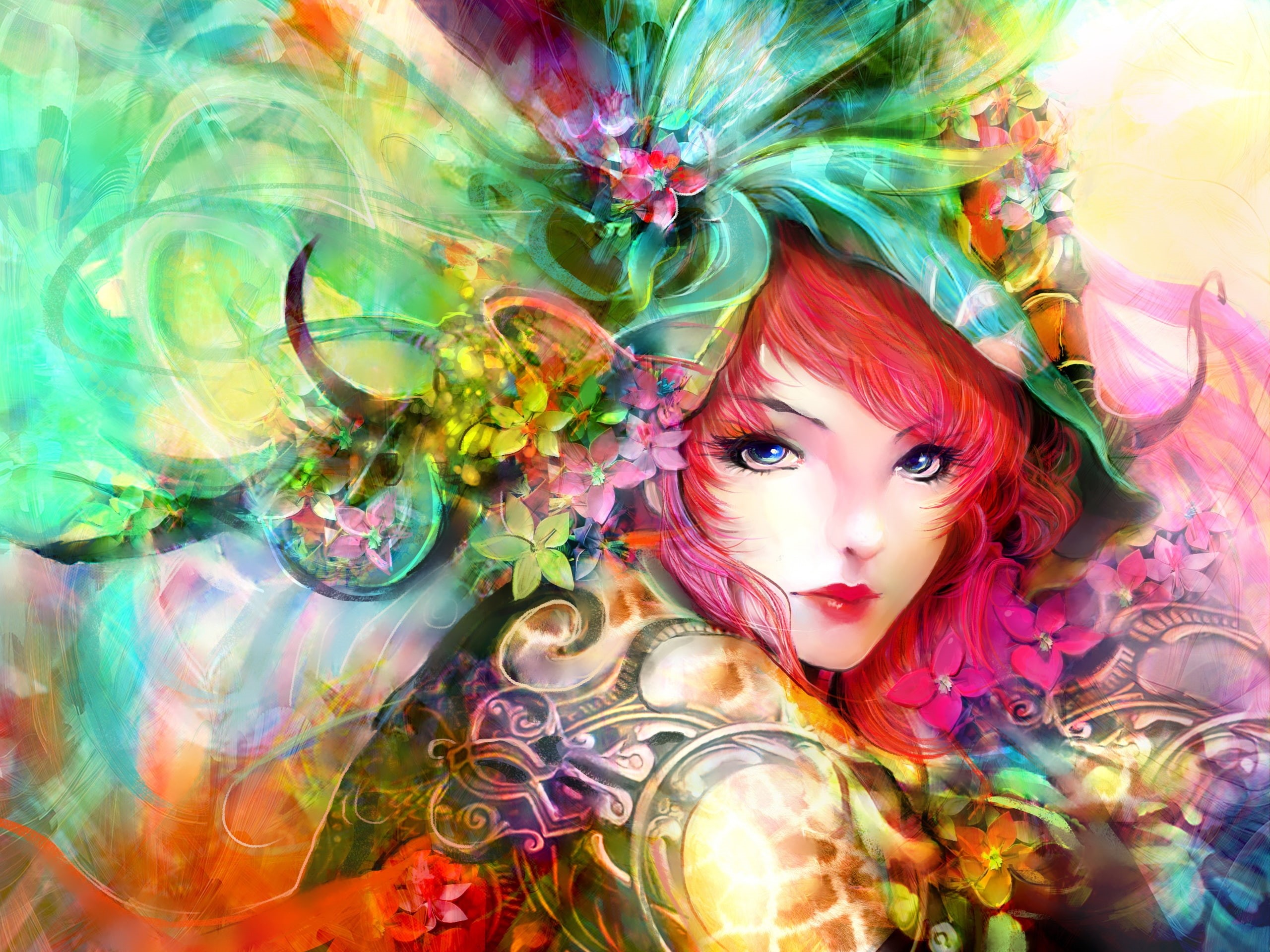 Girl, Art, Red, Eyes, Painting, Colorful, Flowers, 2K, Face, Hair, HD Wallpaper