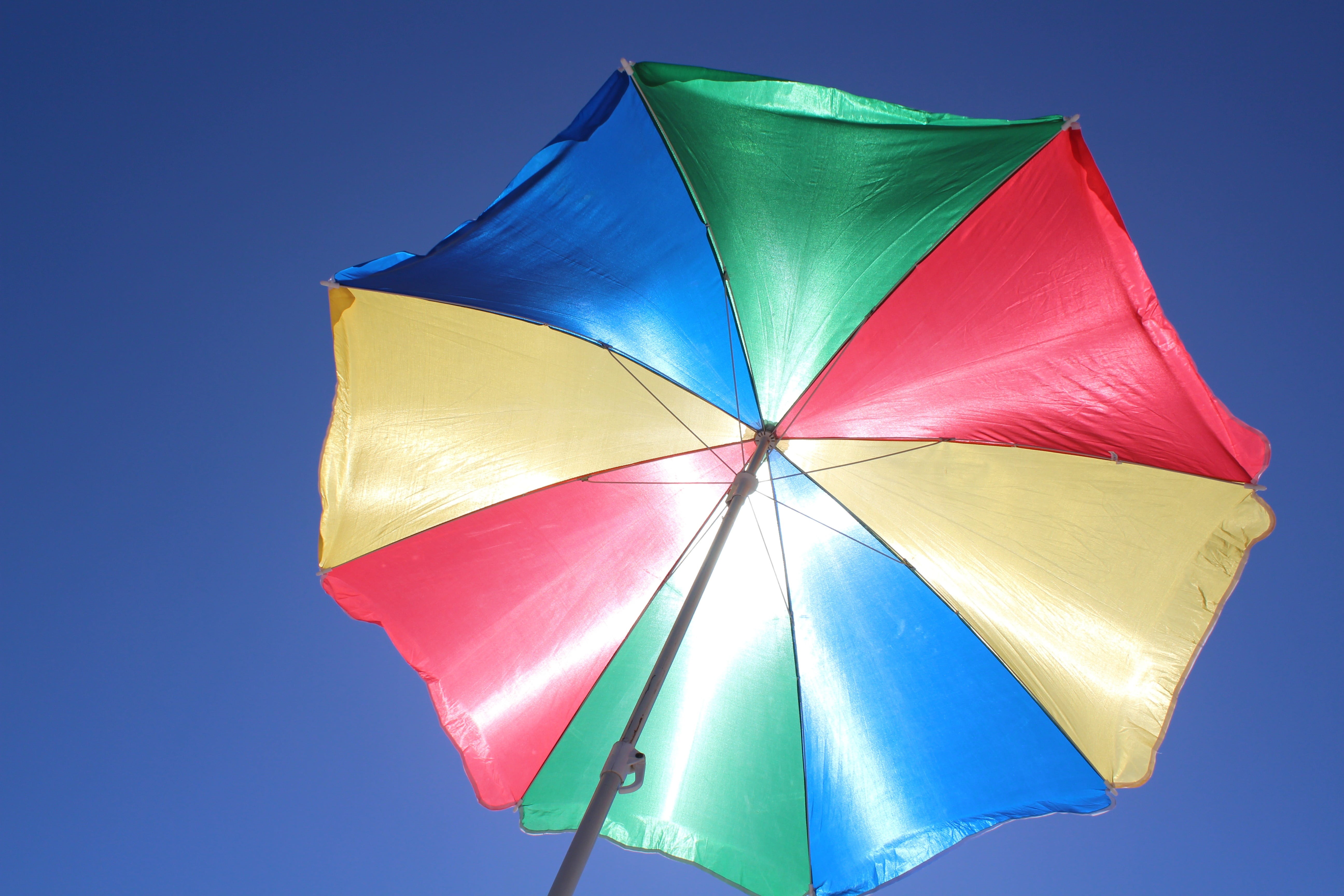 clear sky, sky, multi colored, no people, outdoors, green, blue sky, purple, color, nature, sunlight, uv radiation, parasol, safety, close-up, low angle view, HD Wallpaper