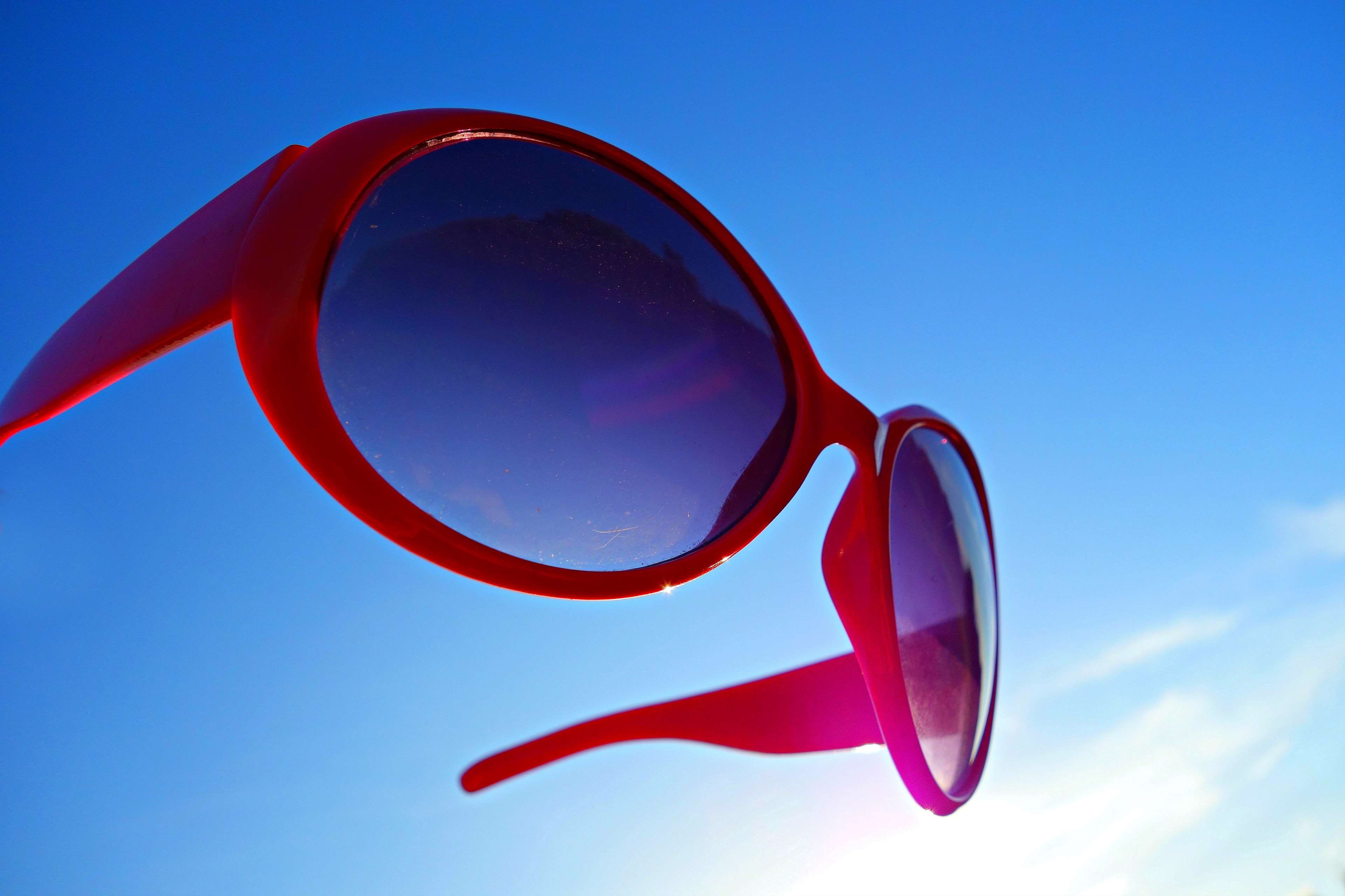 fashion, 4K, blue, glasses, no people, close-up, single object, uv filter, summer, sunglasses, eyeglasses, day, red, protection, eyewear, sky, security, HD Wallpaper