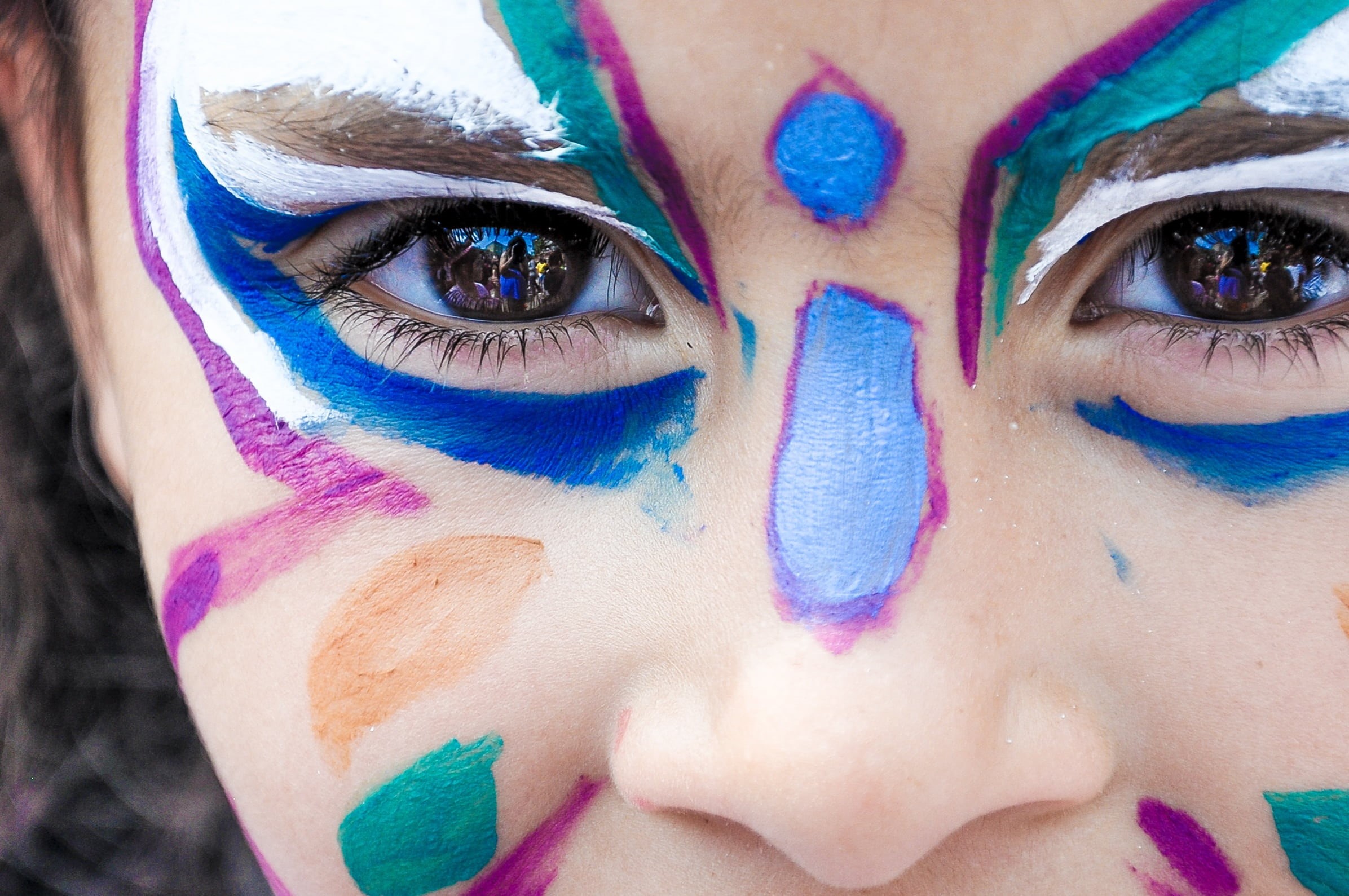 face, 1080P, human face, portrait, women, blue eyes, body part, teal, beautiful woman, blue, festival, view, human eye, eyelash, young adult, little girl, HD Wallpaper
