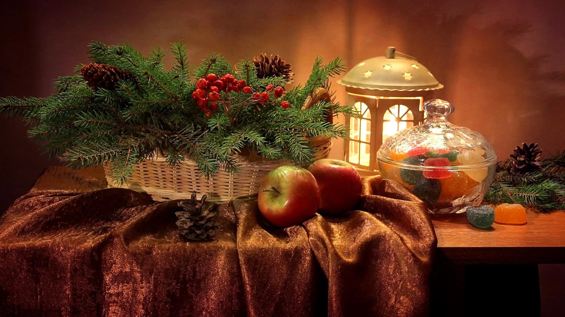 fruit, still life, holiday - event, 1080P, computer, table, christmas decoration, apple - fruit, holiday, nature, indoors, christmas tree, no people, HD Wallpaper