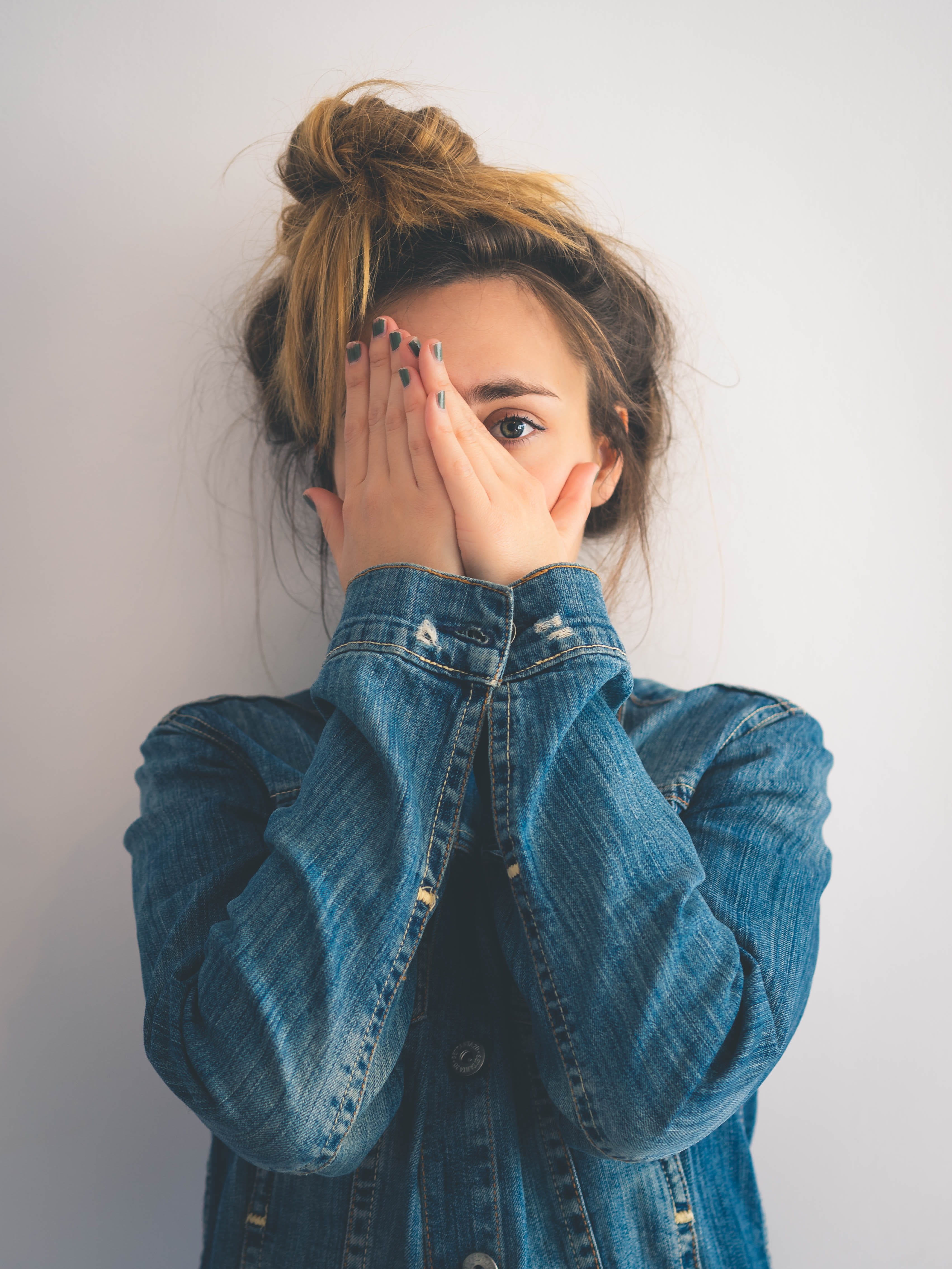 wall - building feature, blue, jacket, photography, women, indoors, portrait, waist up, person, obscured face, young adult, beautiful woman, beautiful, Phone HD Wallpaper