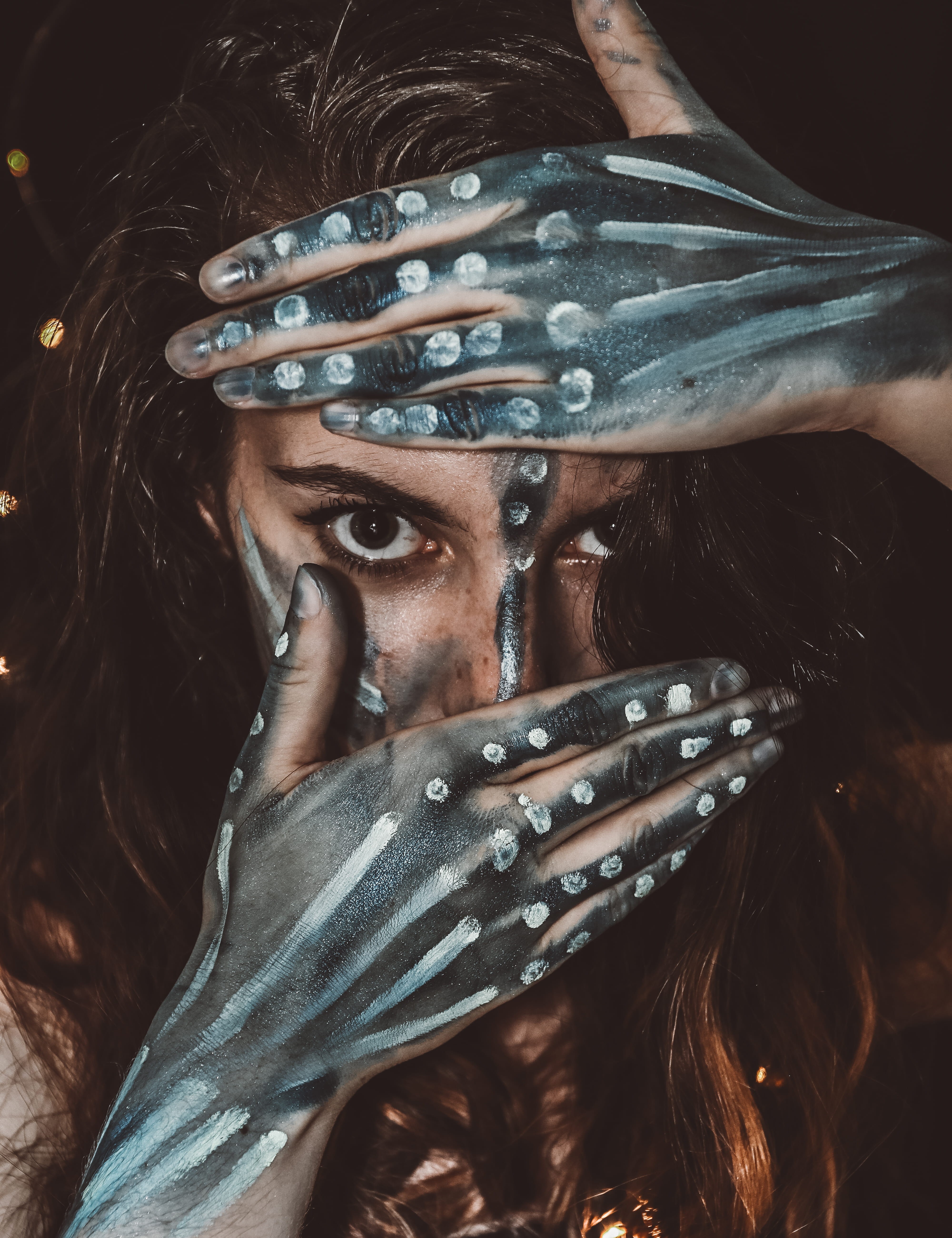 human body part, indoors, face, real people, leisure activity, lifestyles, hands, makeup, eye, focus on foreground, woman, women, paint, human face, skeleton, Phone HD Wallpaper