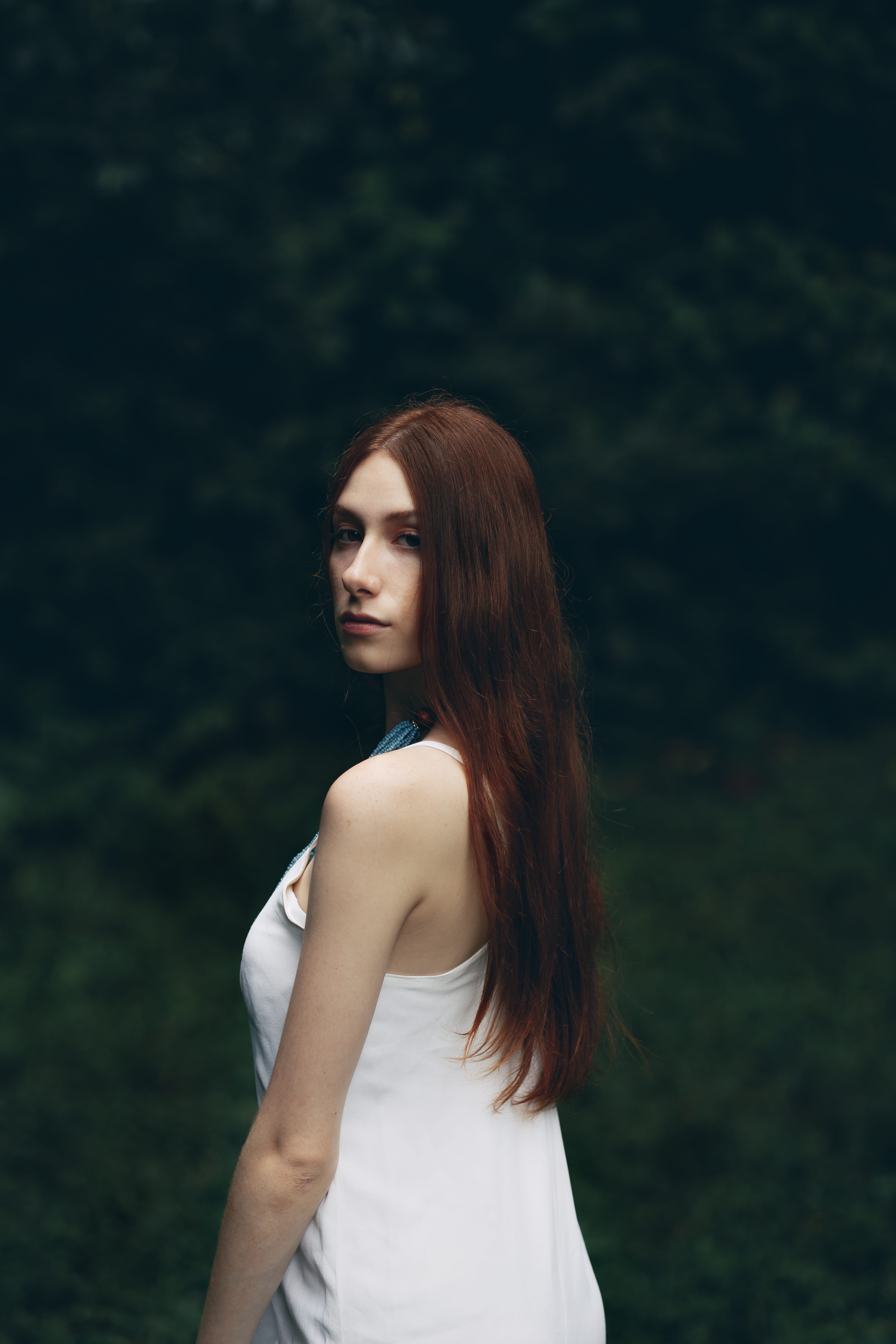 make-up, long hair, wear, tank, beautiful, lifestyles, waist up, contemplation, looking at camera, pretty, daylight, red hair, brown hair, young, white, Phone HD Wallpaper