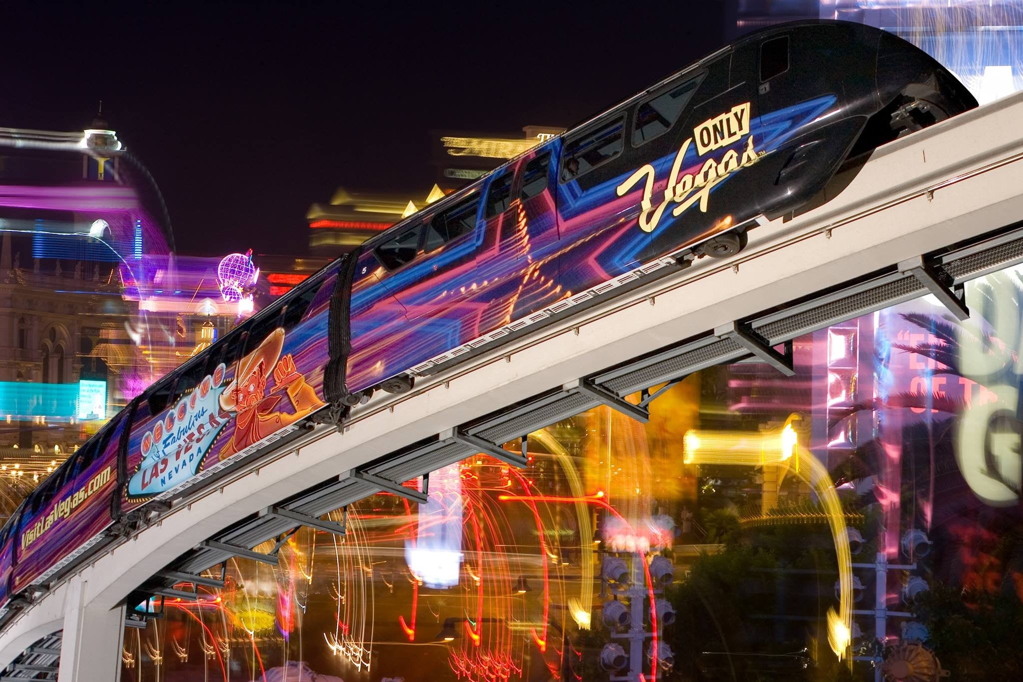 speed, motion, city, black, coaster, blurred motion, communication, building, mode of transportation, outdoors, light trail, 1080P, long exposure, Las Vegas, HD Wallpaper