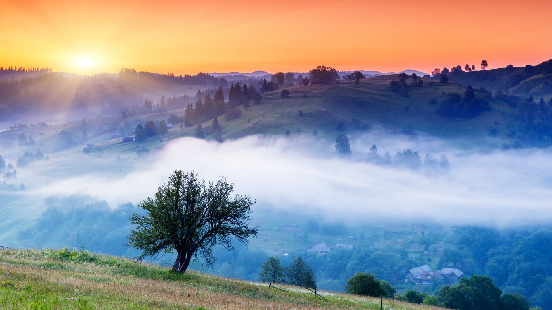 rural, non-urban scene, clouds, fog, outdoor, sky, cloudscape, sunrise - dawn, tranquil scene, trees, grass, 1080P, countryside, travel, season, summer, HD Wallpaper