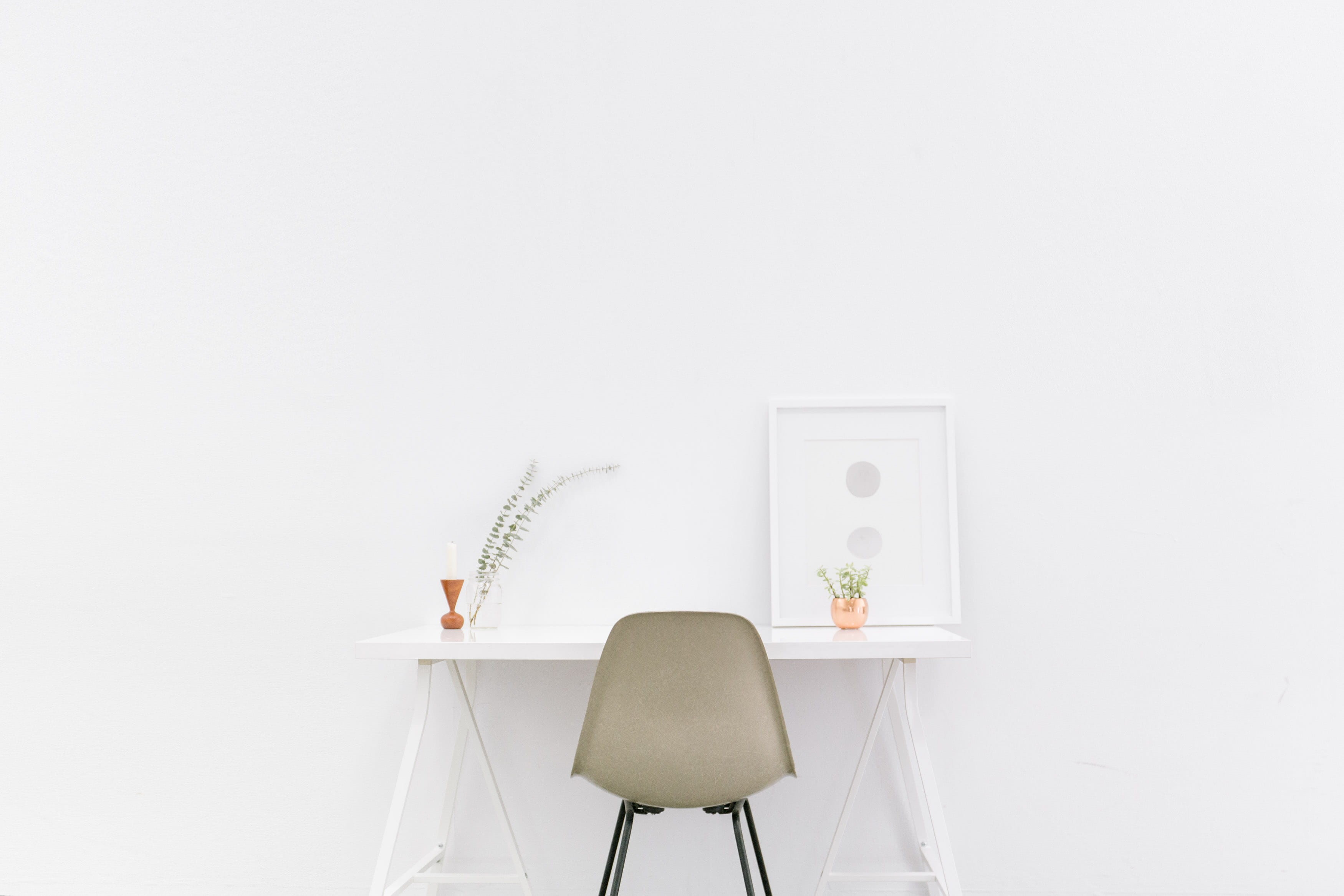 minimalism, furniture, simple, calm, white desk, wooden, 2K, office chair, table, brown, white, group of objects, lighting equipment, lifestyle, desk, HD Wallpaper