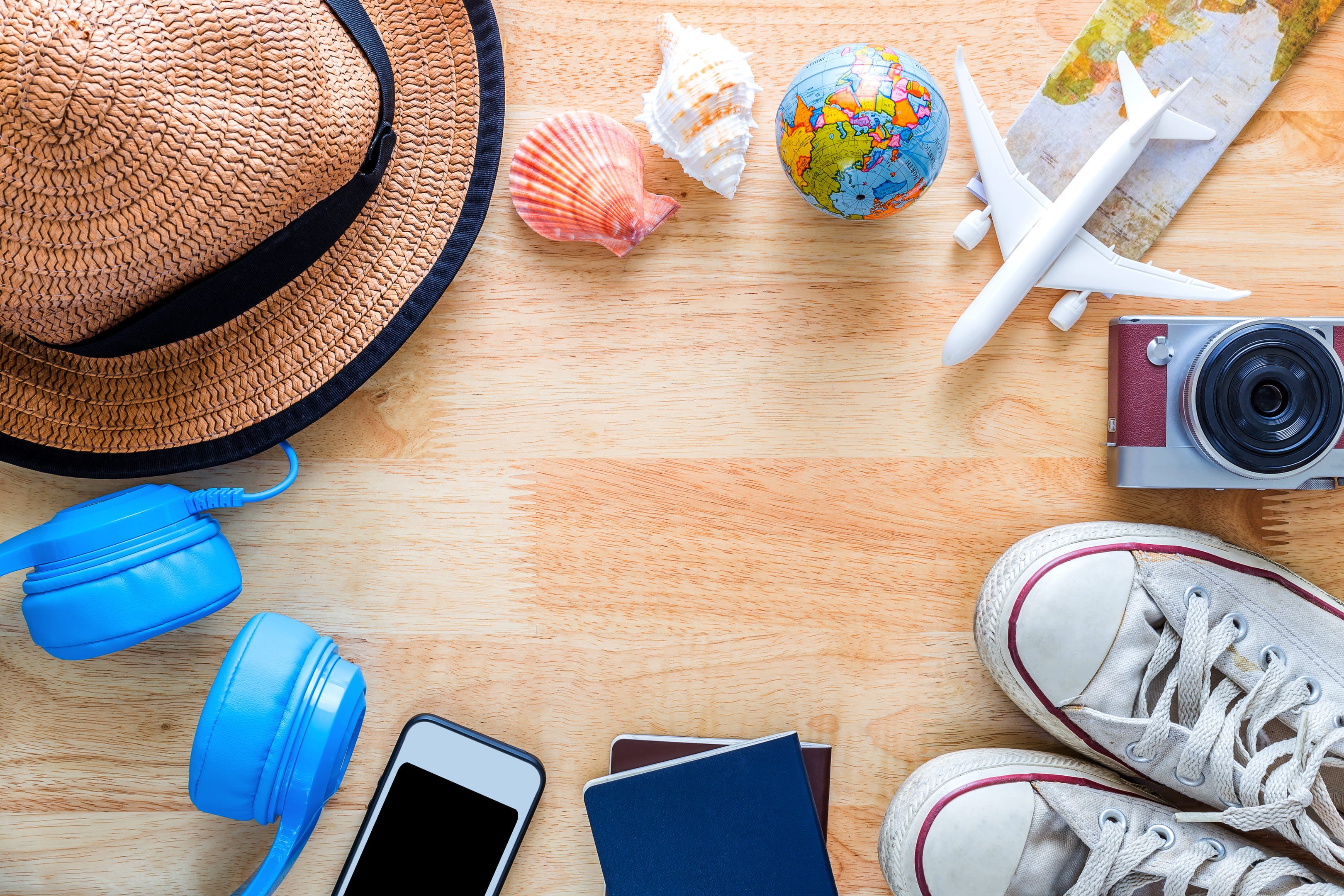 high angle view, vacation, concept, vintage, trip, map, fashion, hipster, hat, drink, household equipment, straw hat, accessories, passport, camera, eyeglasses, HD Wallpaper