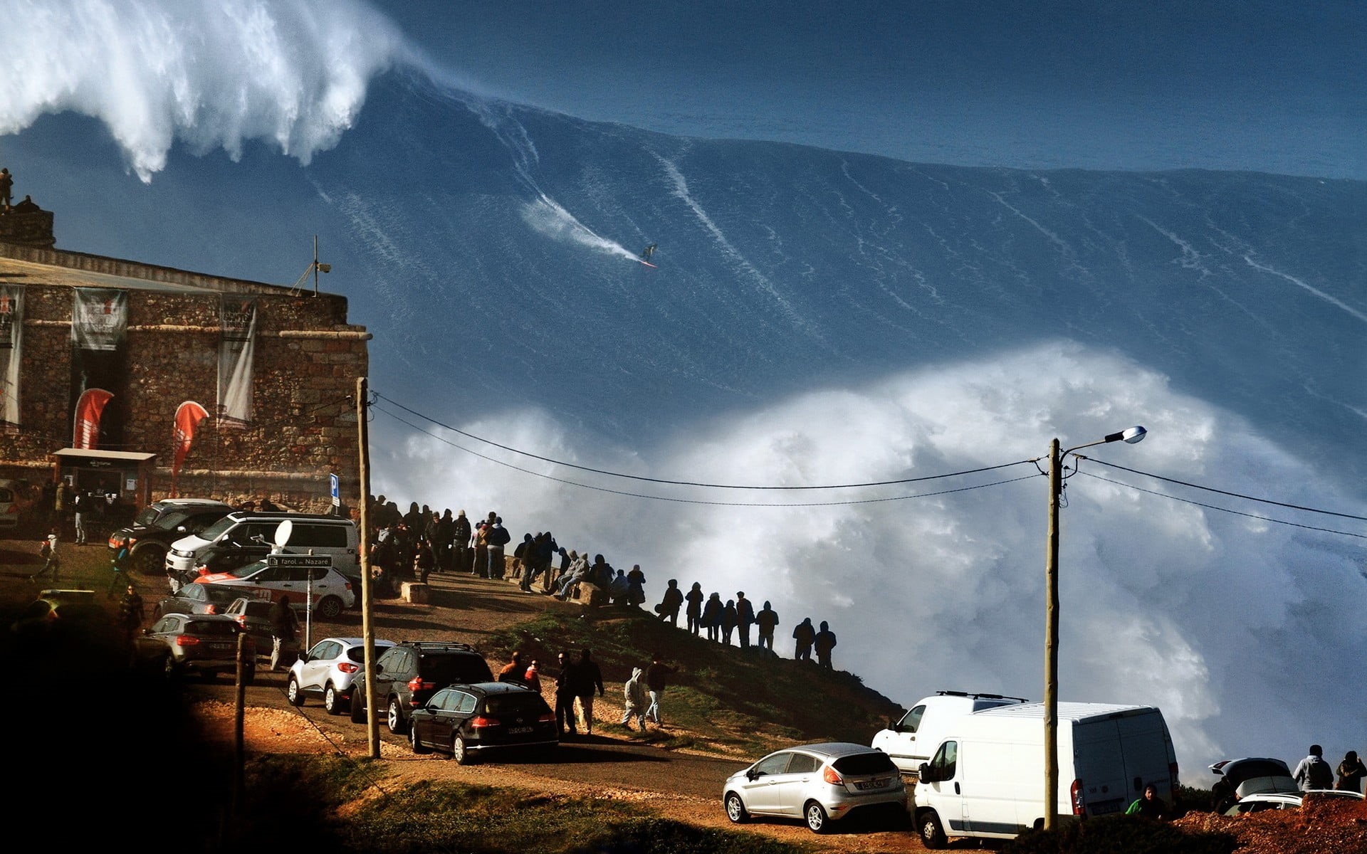 land vehicle, waves, white, incidental people, cloud - sky, real people, building exterior, sea, architecture, plant, day, crowd, nature, mode of transportation, HD Wallpaper