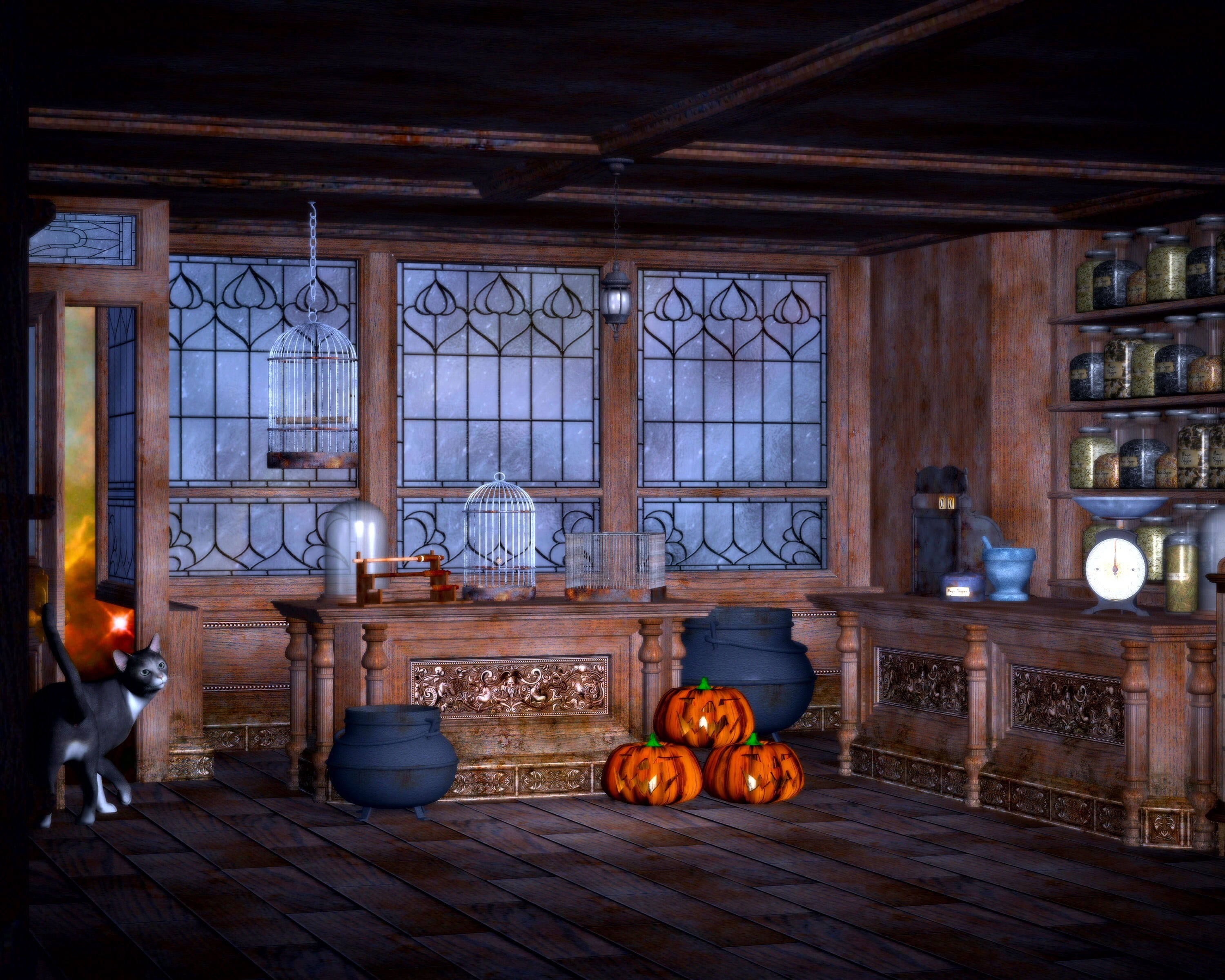 lantern, ingredients, food and drink, public domain, models, witch, wood - Material, interior, night, Room, cauldron, food, 3d models, 2K, pumpkins, window, HD Wallpaper