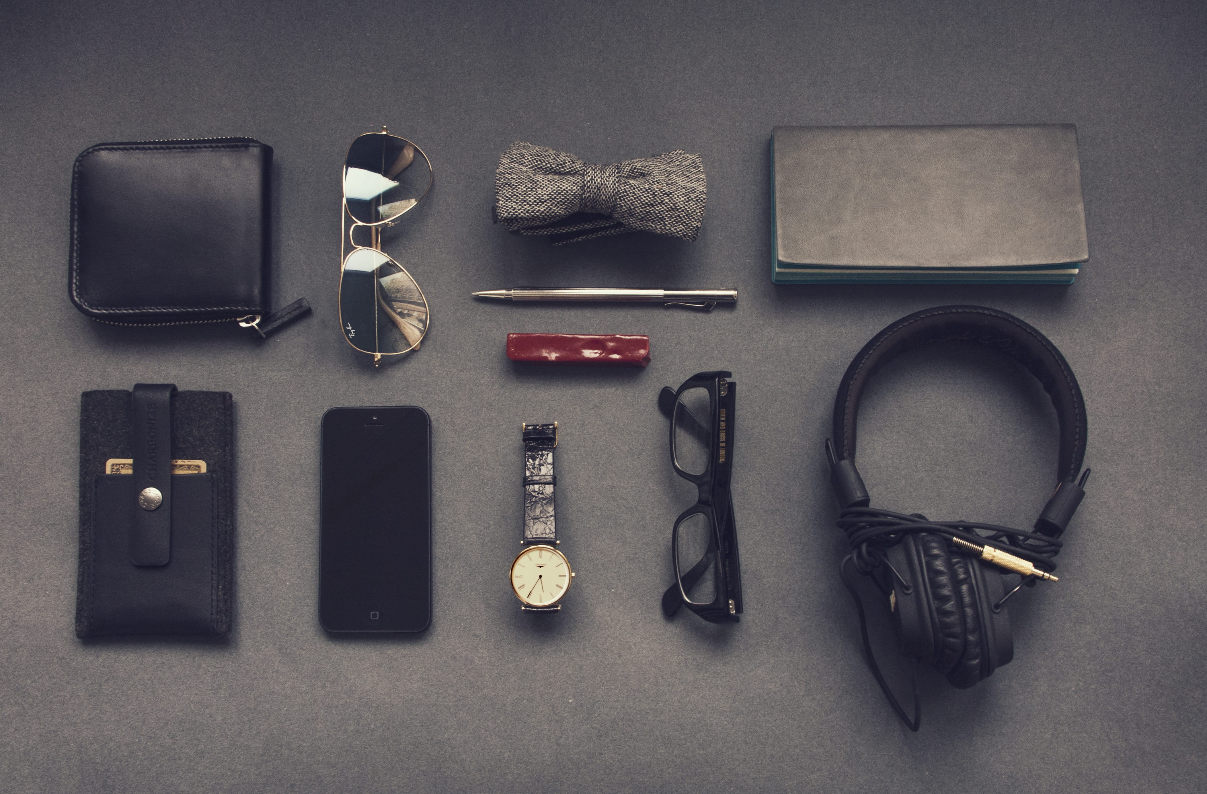watch, flatlay, aviator, black, fashion, neat, phone, choice, corded, arrangement, wireless technology, indoors, side by side, iphone, large group of objects, HD Wallpaper