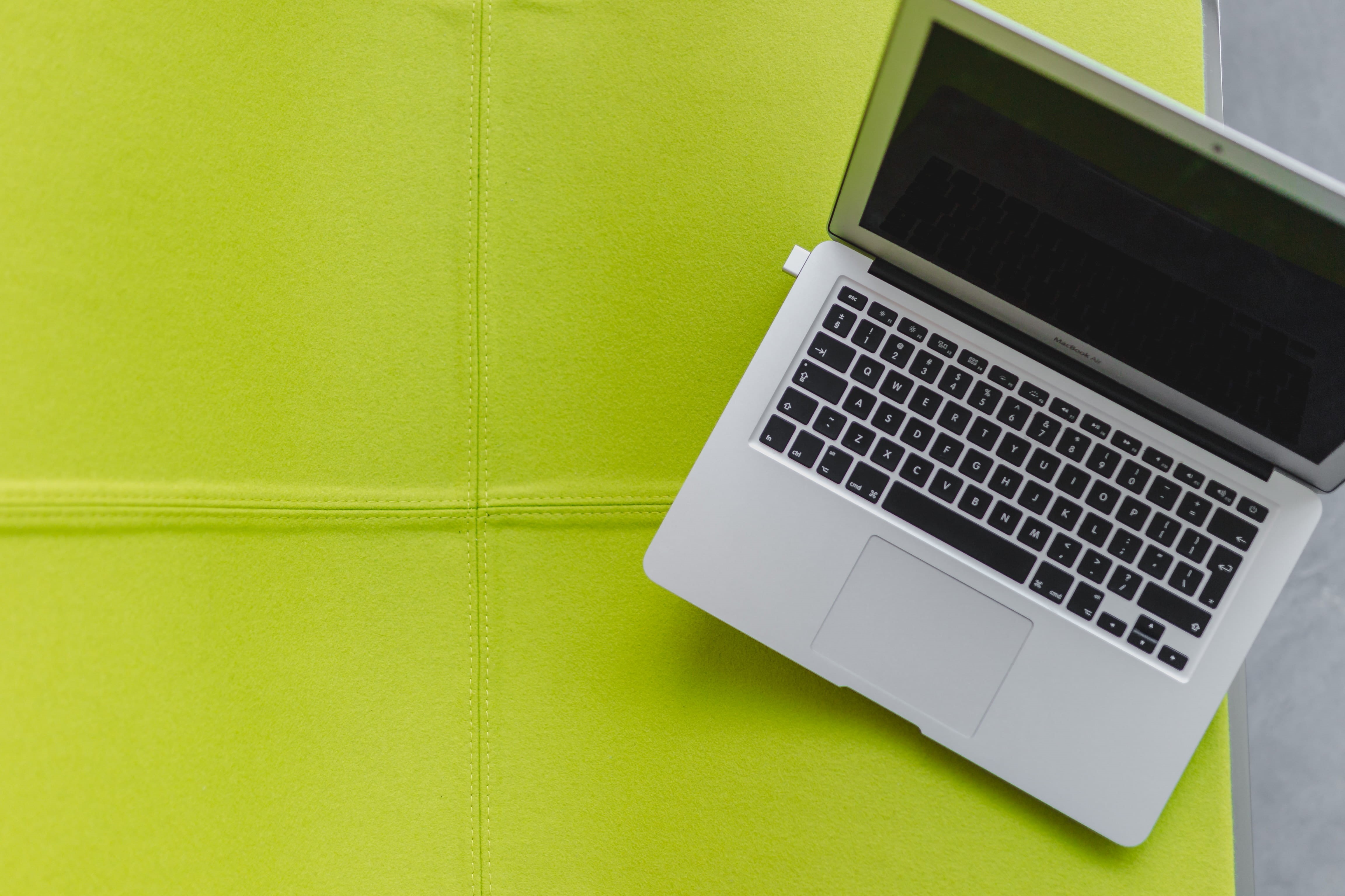 macbook, global communications, internet, single object, chair, no people, close-up, portability, green color, view, keyboard, communication, 4K, lime, HD Wallpaper