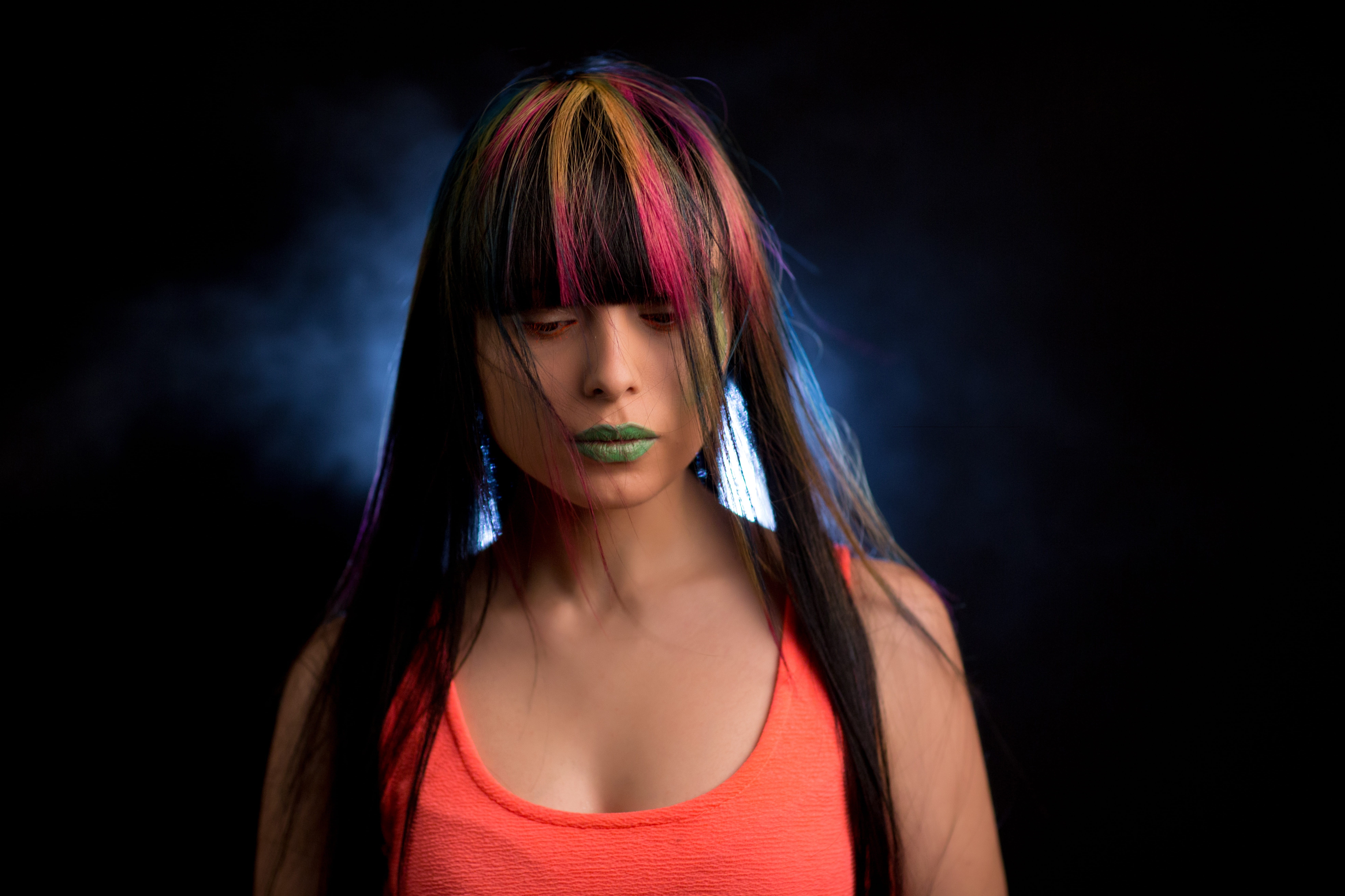 front view, colorimetry, indoors, contemplation, headshot, young adult, fashion, long hair, dyed hair, one person, hair salons, beauty, human hair, trick, HD Wallpaper