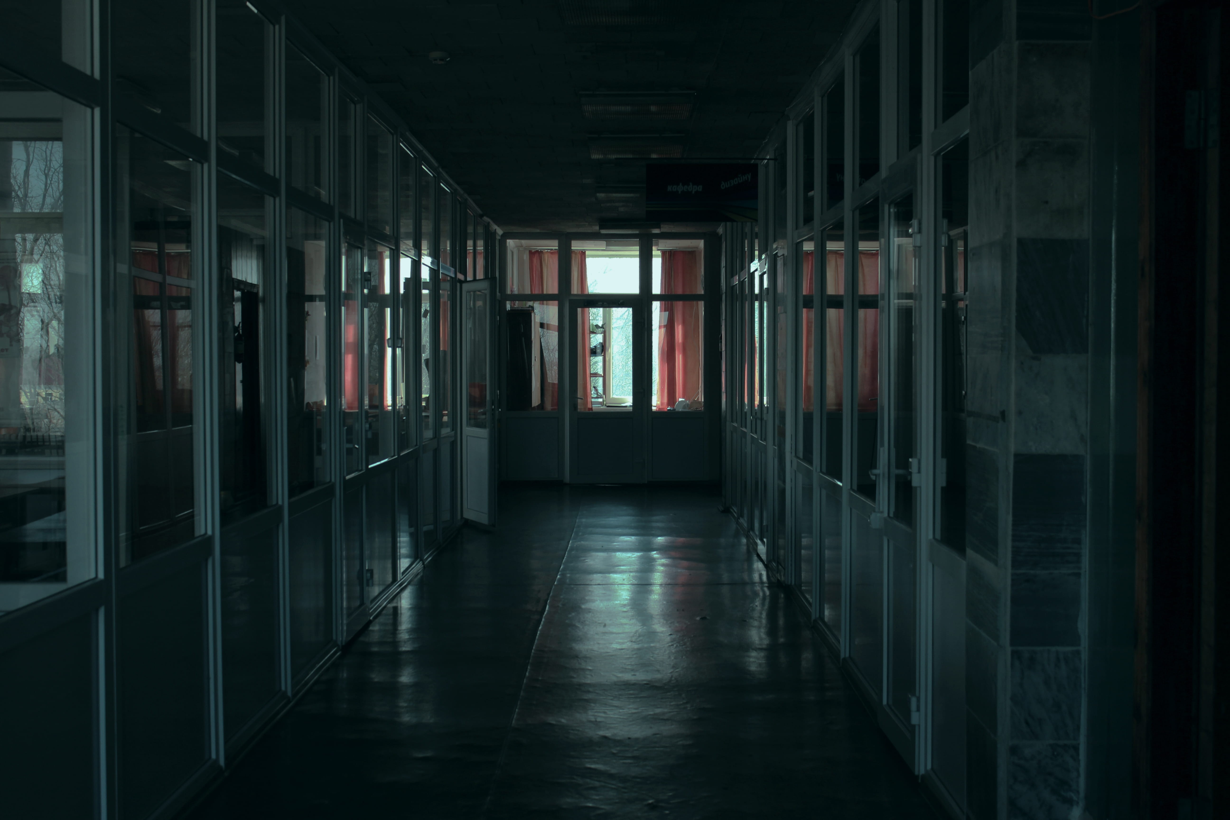 flooring, diminishing perspective, ceiling, door, close, modern, arcade, dark, reflection, corridor, no people, glass windows, the way forward, 5K, empty, HD Wallpaper
