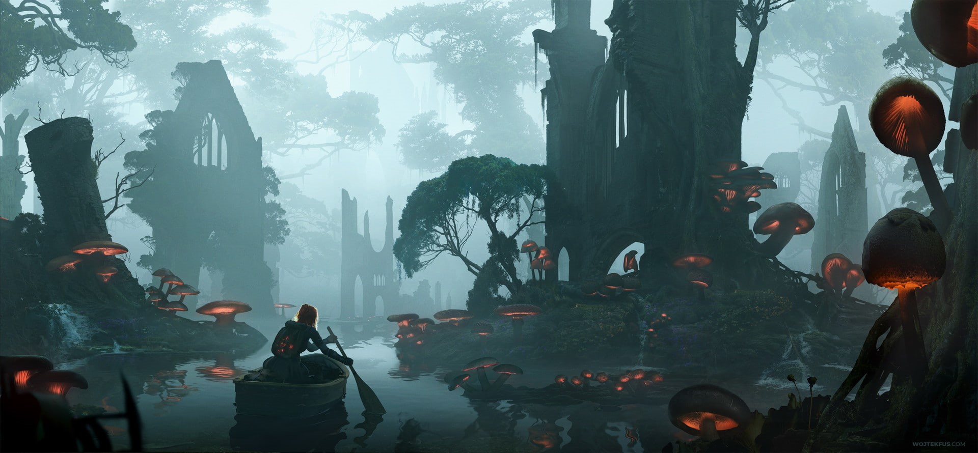 boat, mushroom, landscape, artwork, forest, river, digital art, 1080P, fantasy art, HD Wallpaper