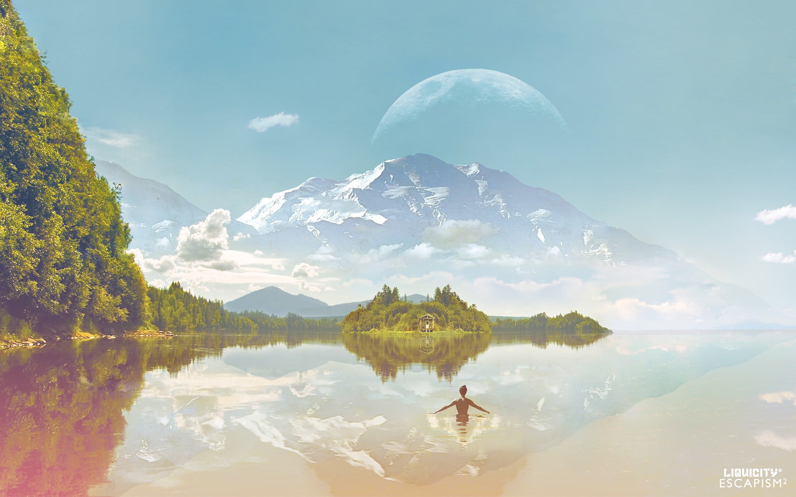 lake, no people, mountain range, water, 2K, tranquility, Liquicity, day, sky, scenics - nature, non-urban scene, liquid drum and bass, digital composite, HD Wallpaper