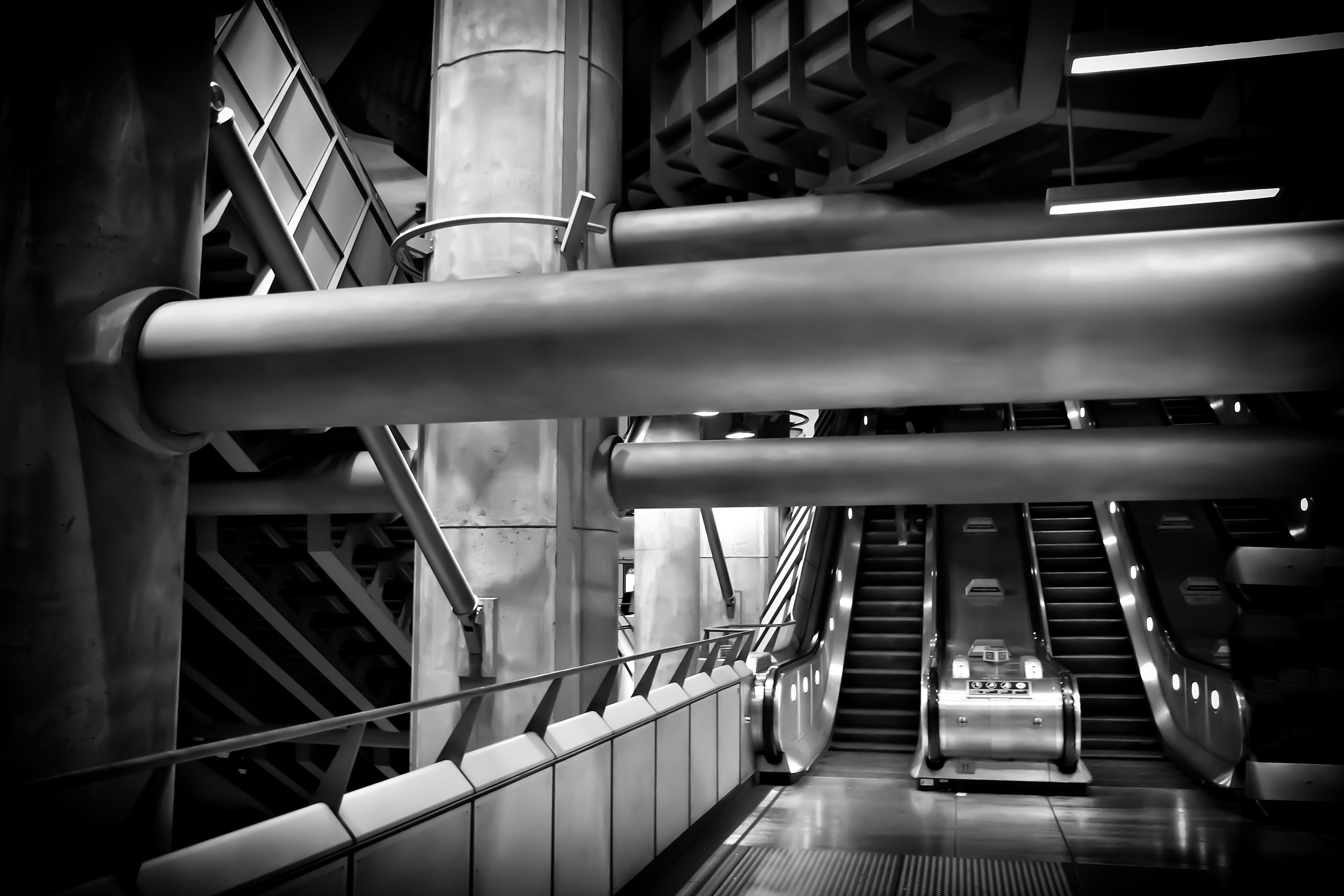 4K, transportation, underground, angle, black And White, technology, shot, station, built structure, architecture, train, factory, modern, subway station, HD Wallpaper
