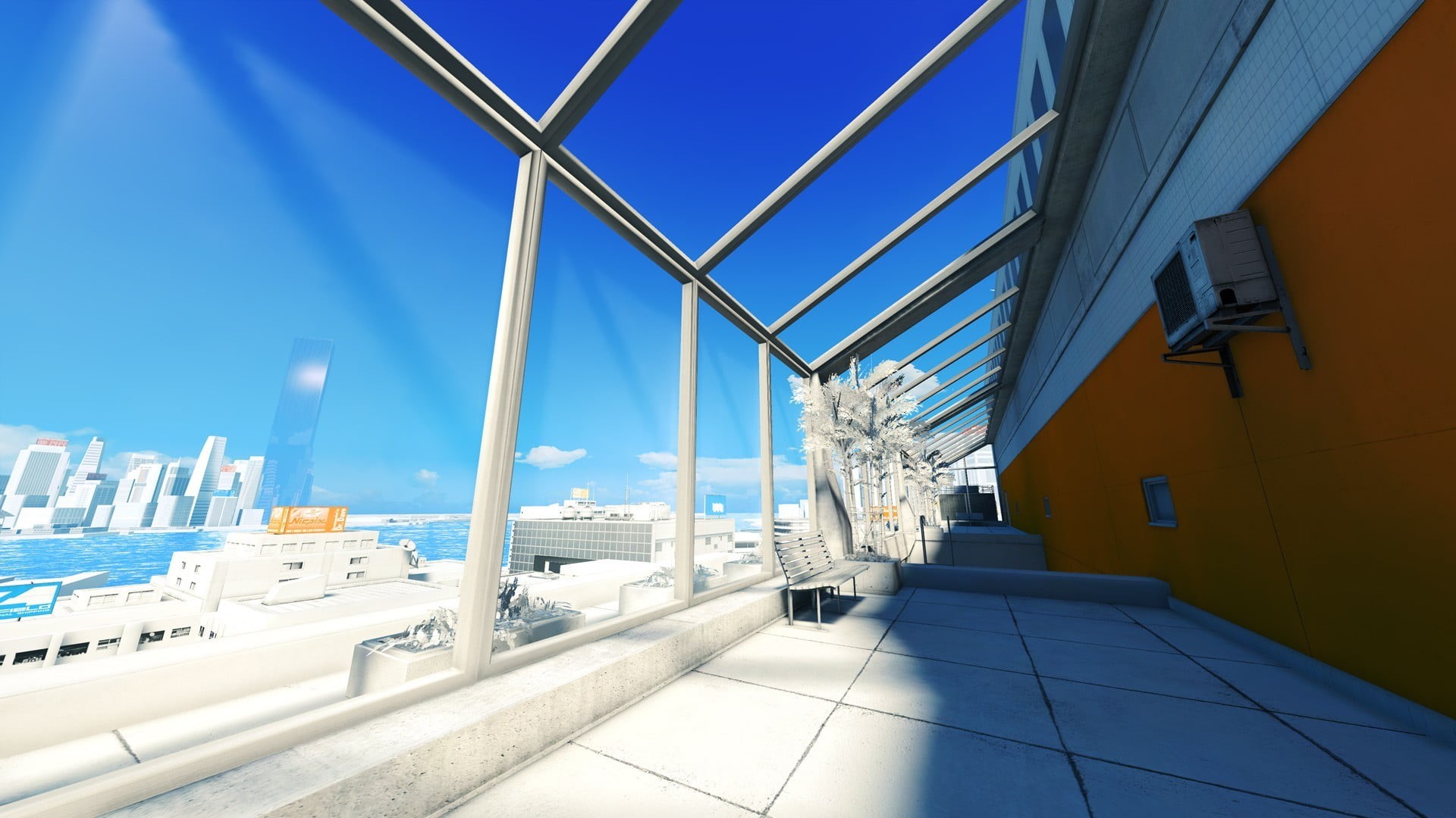modern, tiled floor, no people, day, city, clear sky, sunny, built structure, corridor, white, blue, window, condenser, ac, video games, sky, absence, sunlight, HD Wallpaper