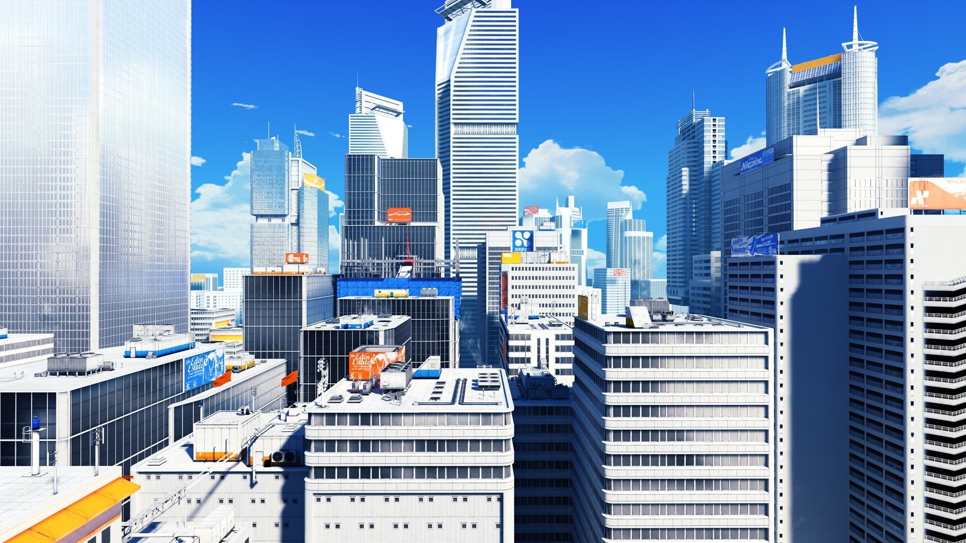 sky, skyscraper, outdoors, financial district, corporate business, blue, rise, urban skyline, office, built structure, 1080P, video games, Mirrors Edge, HD Wallpaper