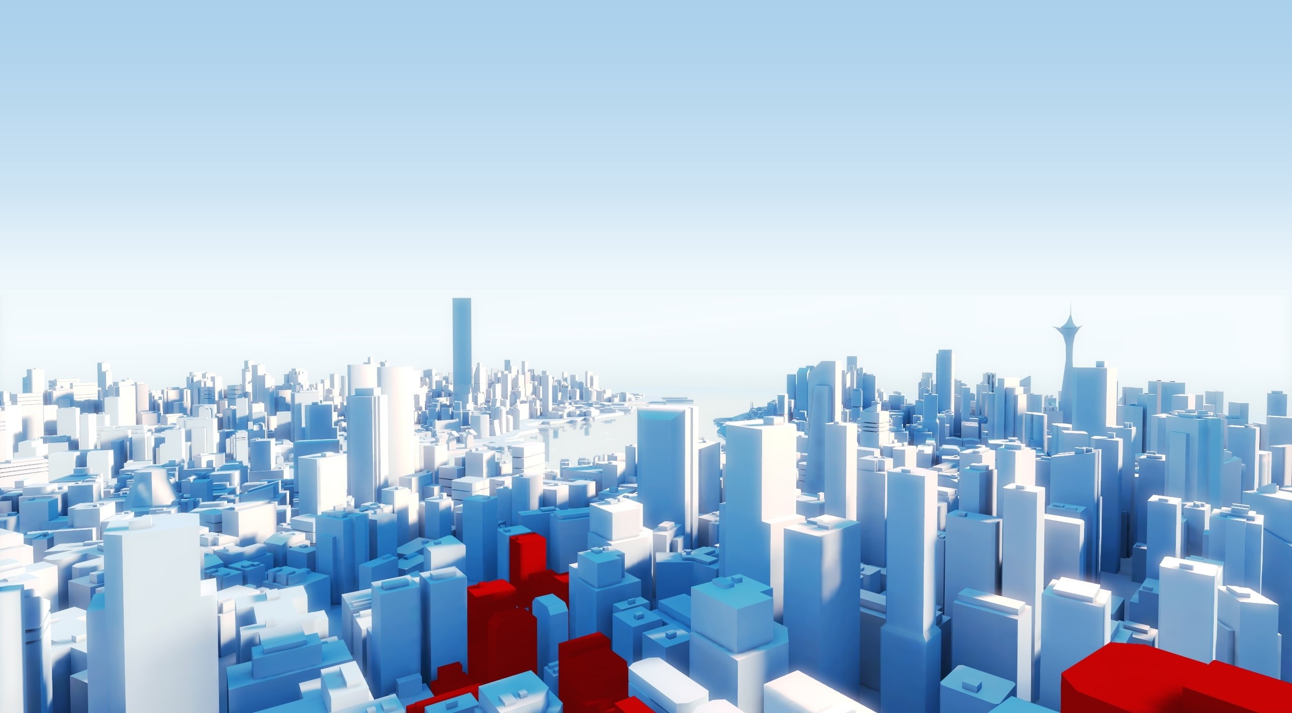 red, architecture, city, downtown district, nature, 2K, white, cityscape, Mirrors Edge, financial district, tower, Games, no people, urban skyline, blue, HD Wallpaper