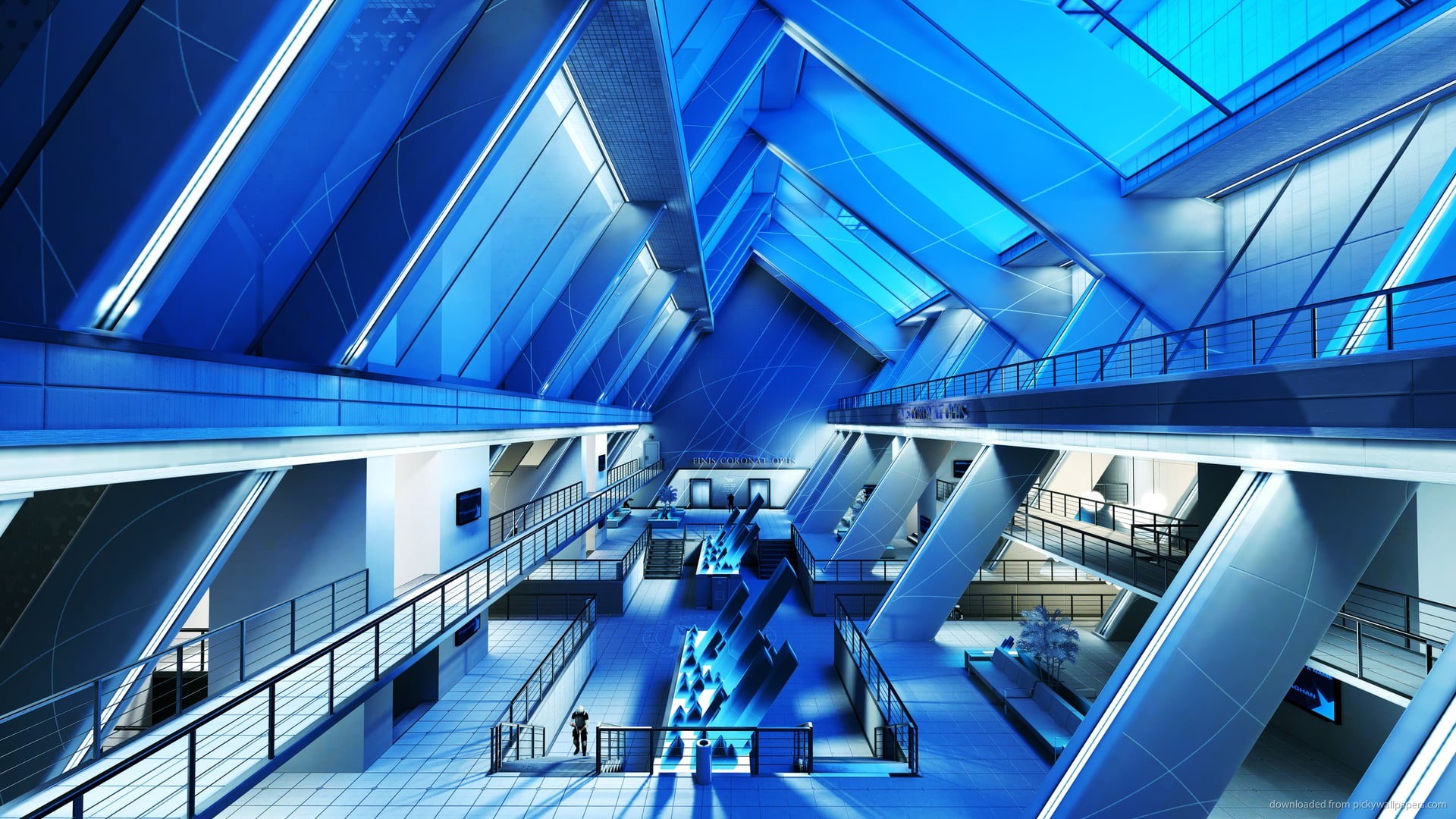 cyan, modern, convenience, 1080P, blue, building, steps and staircases, Mirrors Edge, glass - material, railing, video games, built structure, flooring, HD Wallpaper