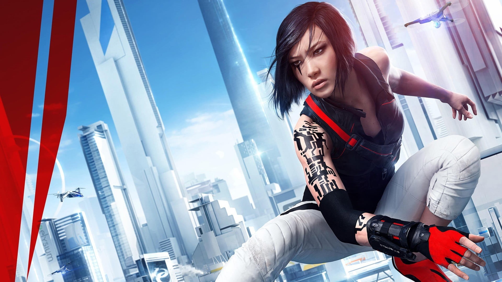 front view, outdoors, day, built structure, edge, Mirrors Edge Catalyst, adult, young adult, architecture, hairstyle, skyscraper, nature, digital, women, HD Wallpaper