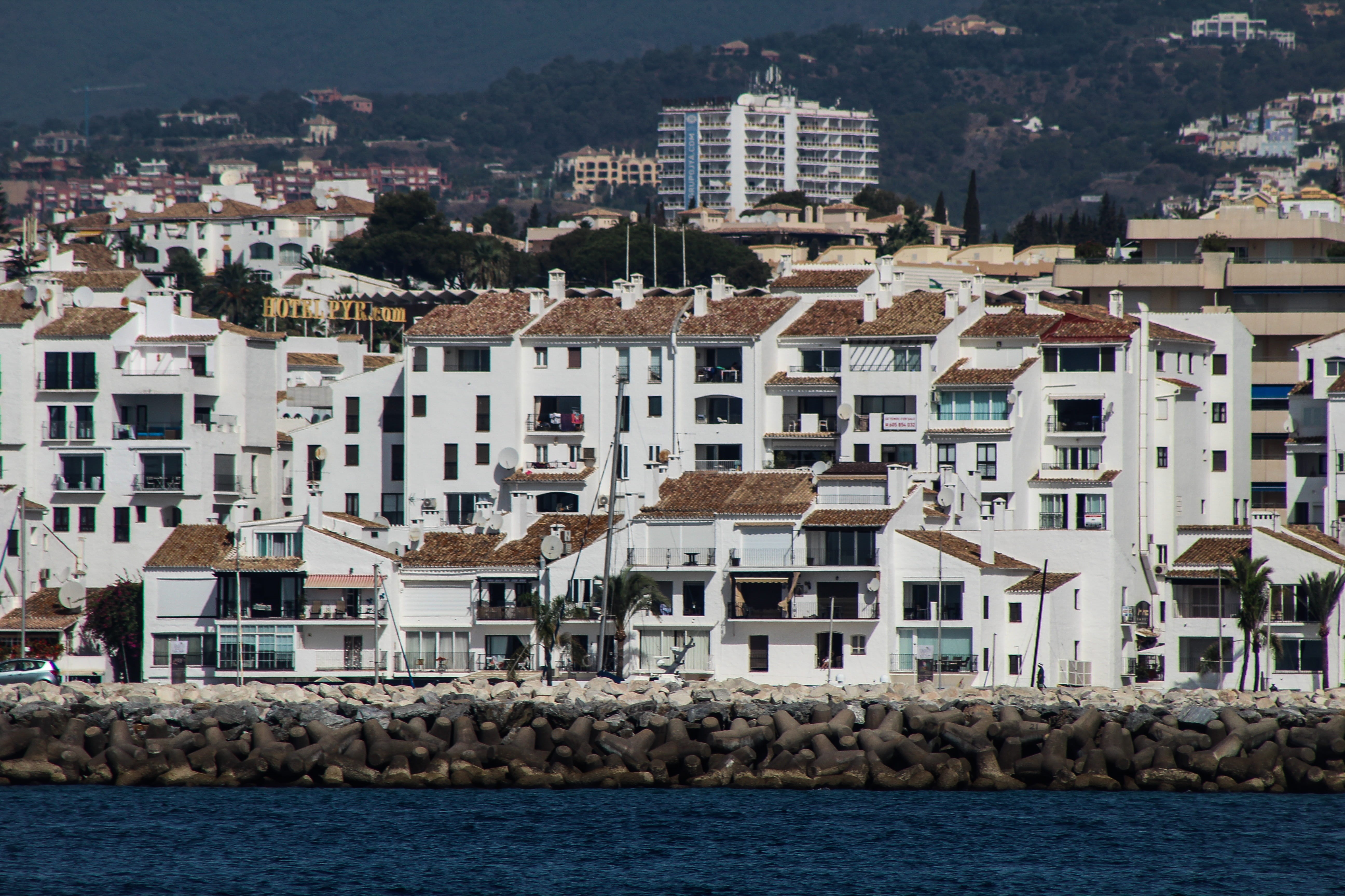 mountain, lifestyle, white, marbella, 5K, small, sky, Ocean, decor, Sea, vessel, residential, leisure, waterfront, village, exterior, apartment, equipment, HD Wallpaper