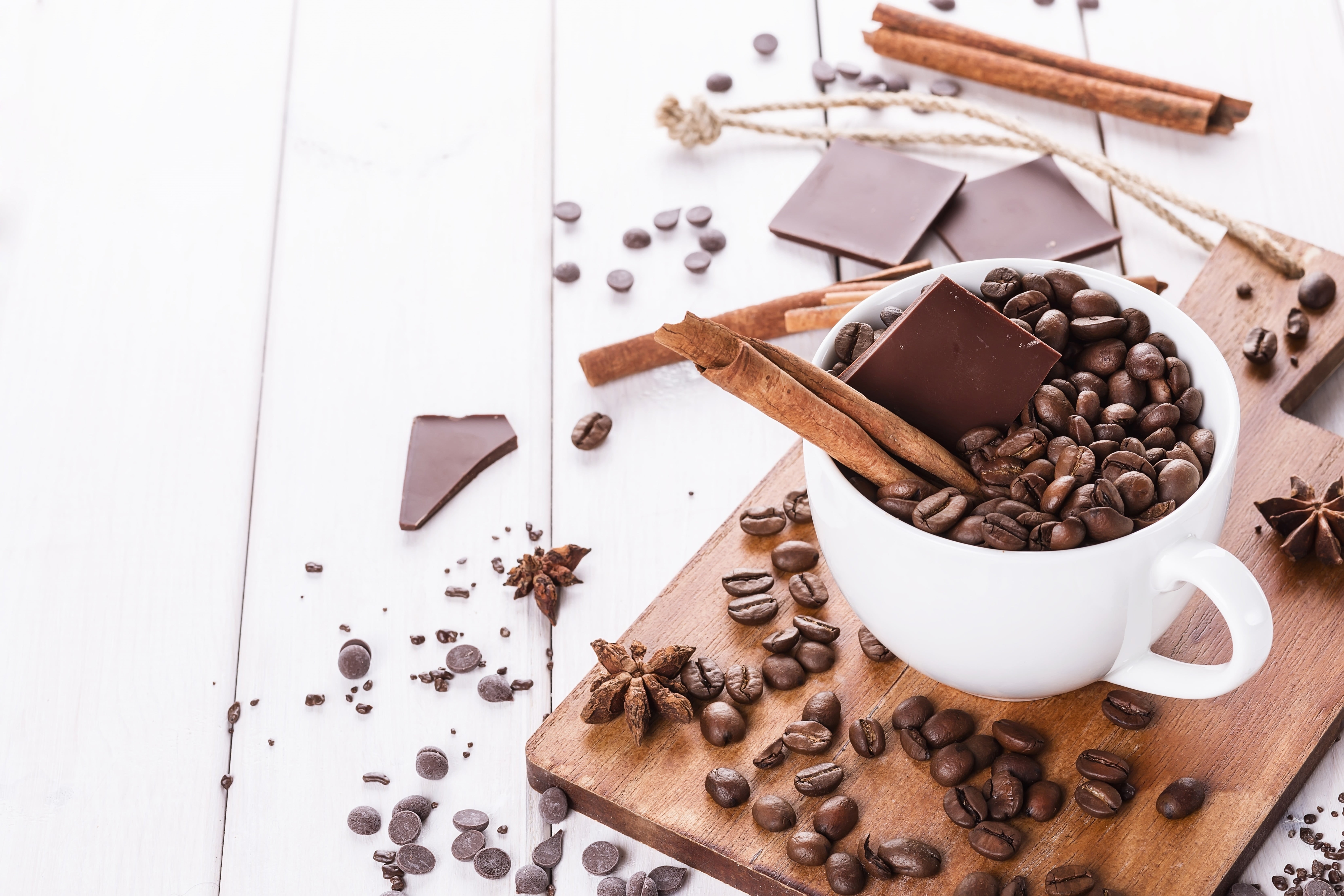mug, table, mugs, drink, white, brown, food, indoors, coffee cup, coffee, coffee - drink, high angle view, freshness, 5K, coffee beans, cinnamon, cup, HD Wallpaper