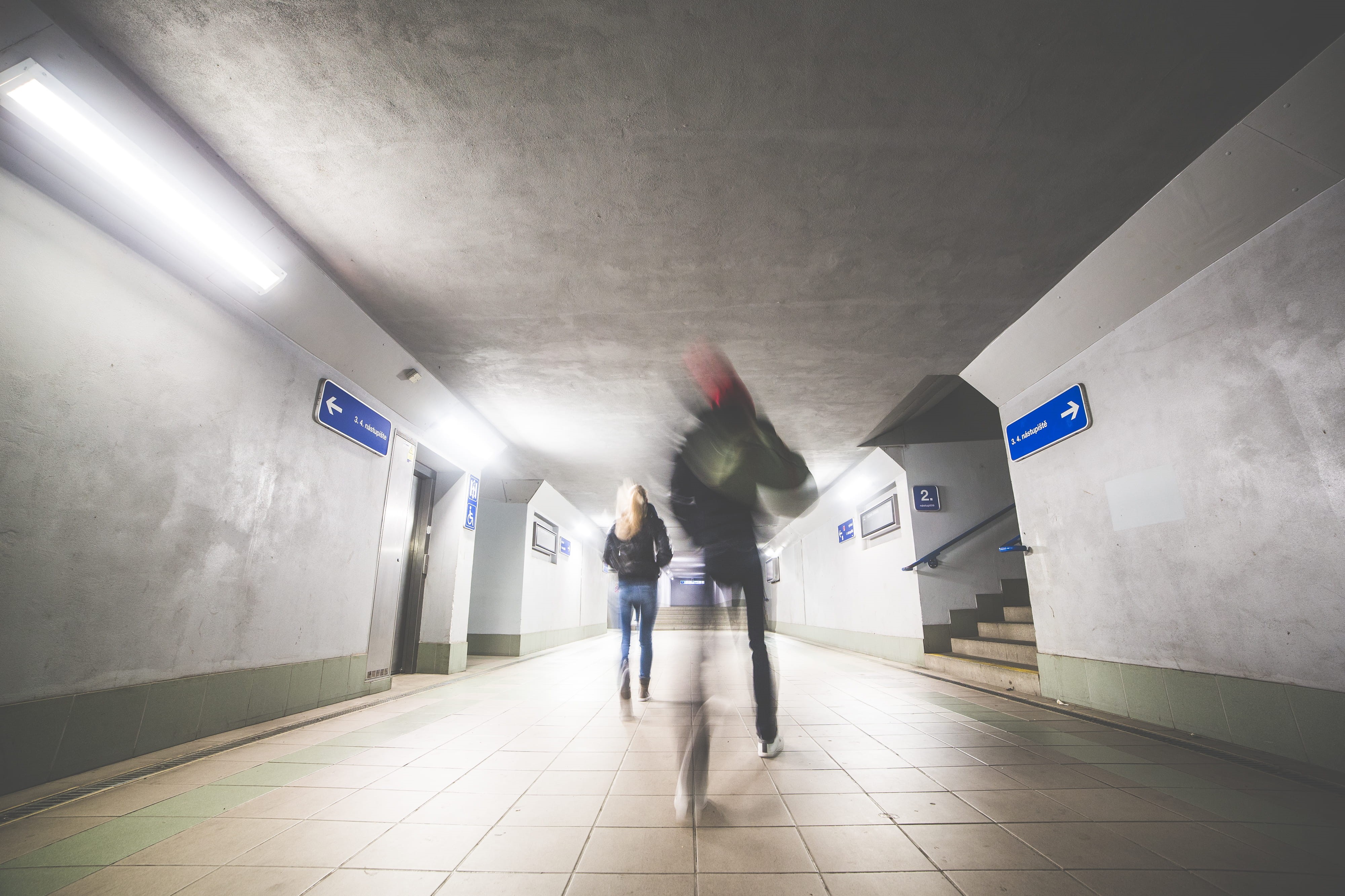 built structure, walking, travel, two, subway Station, man, exit sign, train station, blurred Motion, direction, rear view, fluorescent light, boy, concrete, HD Wallpaper