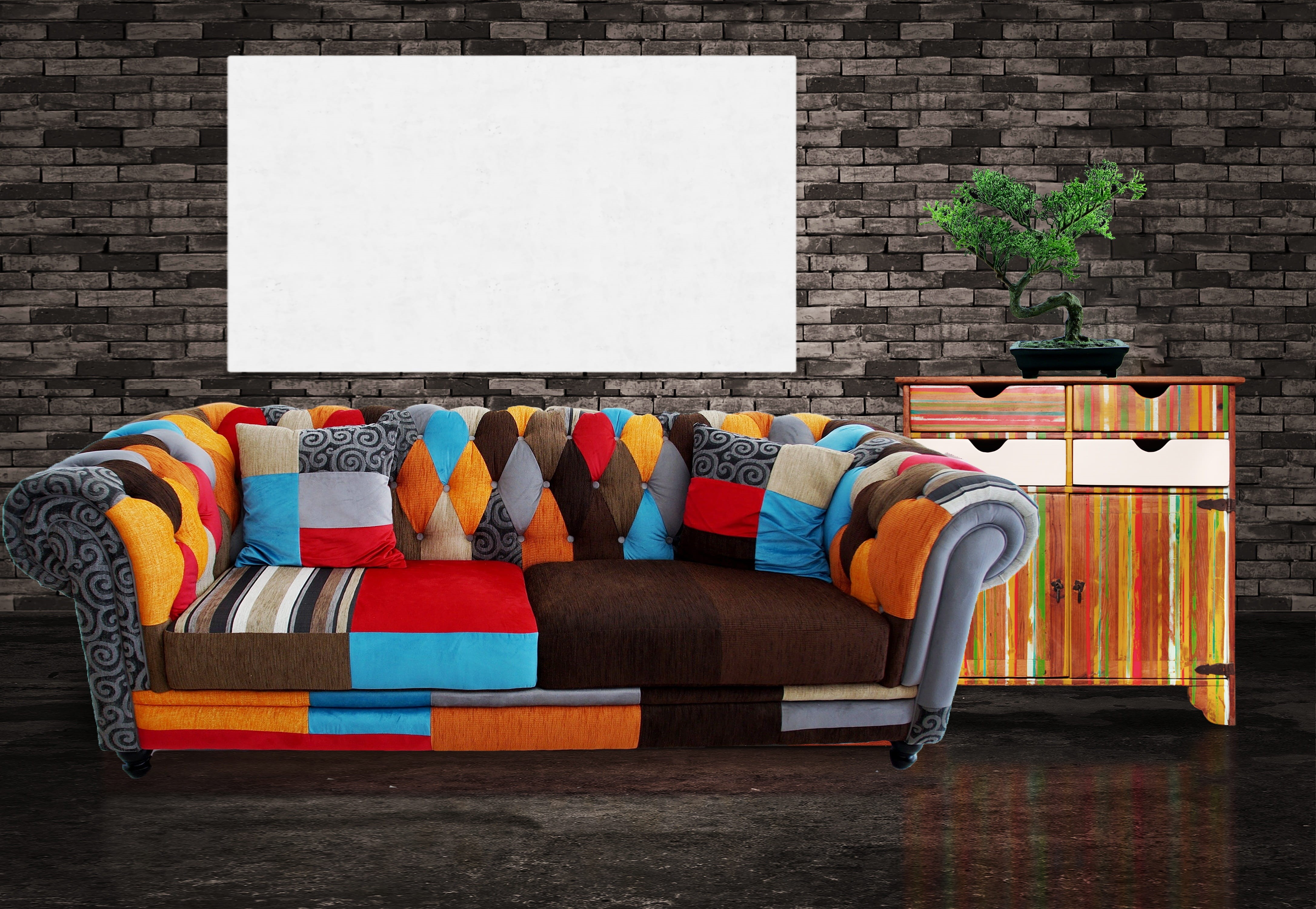 indoor, multi colored, blank, 4K, room, mock up, furniture, indoors, flooring, table, no people, day, plant, home interior, brick, brick wall, mock-up, HD Wallpaper