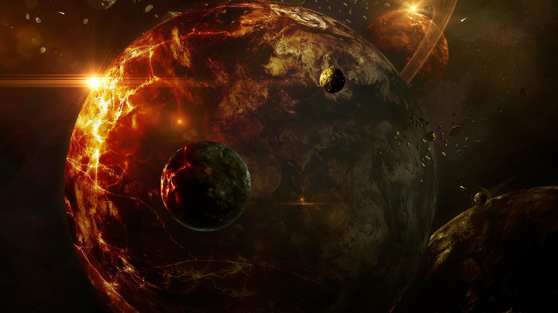 3d, creation, 1080P, space, lights, dark, planet, pillars, HD Wallpaper