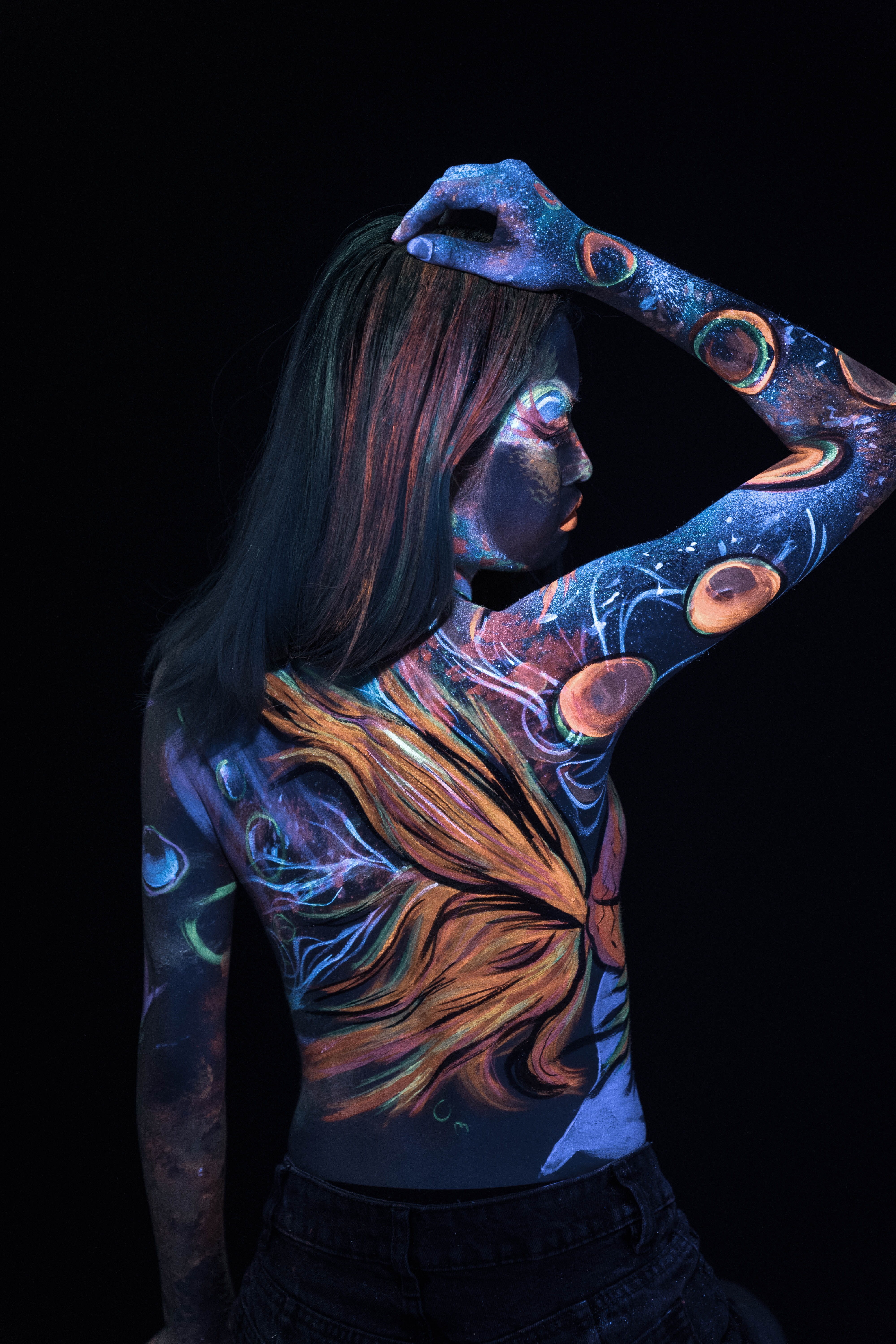 woman, art, isolated On Black, painting, 5K, ultraviolet, neon portrait, beauty, people, abstract, one Person, horror, evil, dark, paint, women, studio photography, Phone HD Wallpaper