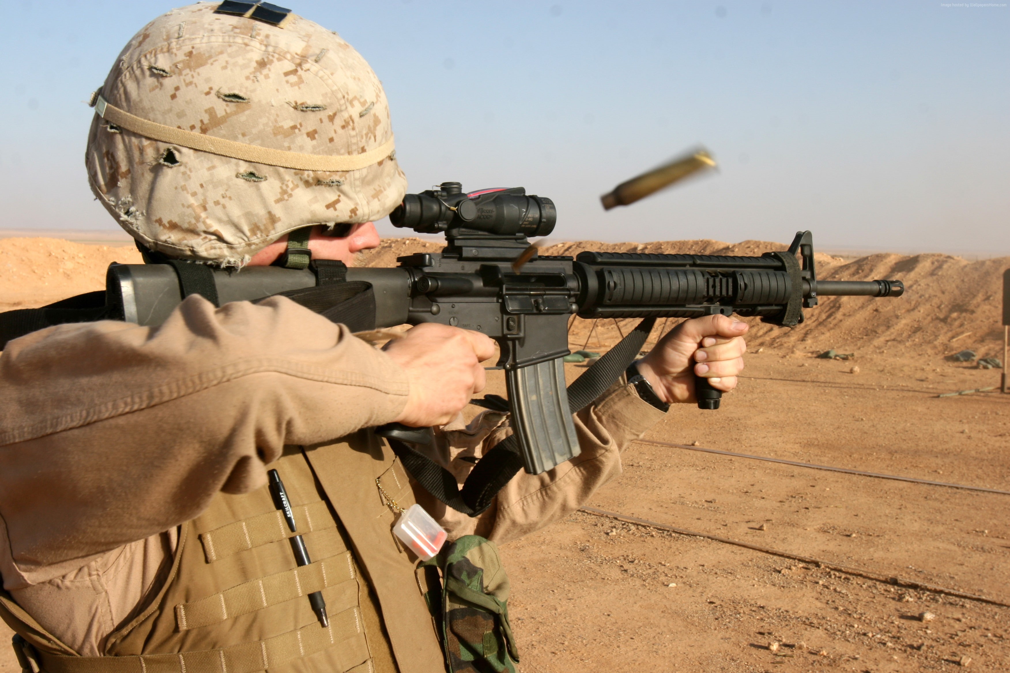 M16 rifle, M16A1, desert, firing, soldier, U.S. Marine, M4A1, 2K, U.S. Army, HD Wallpaper