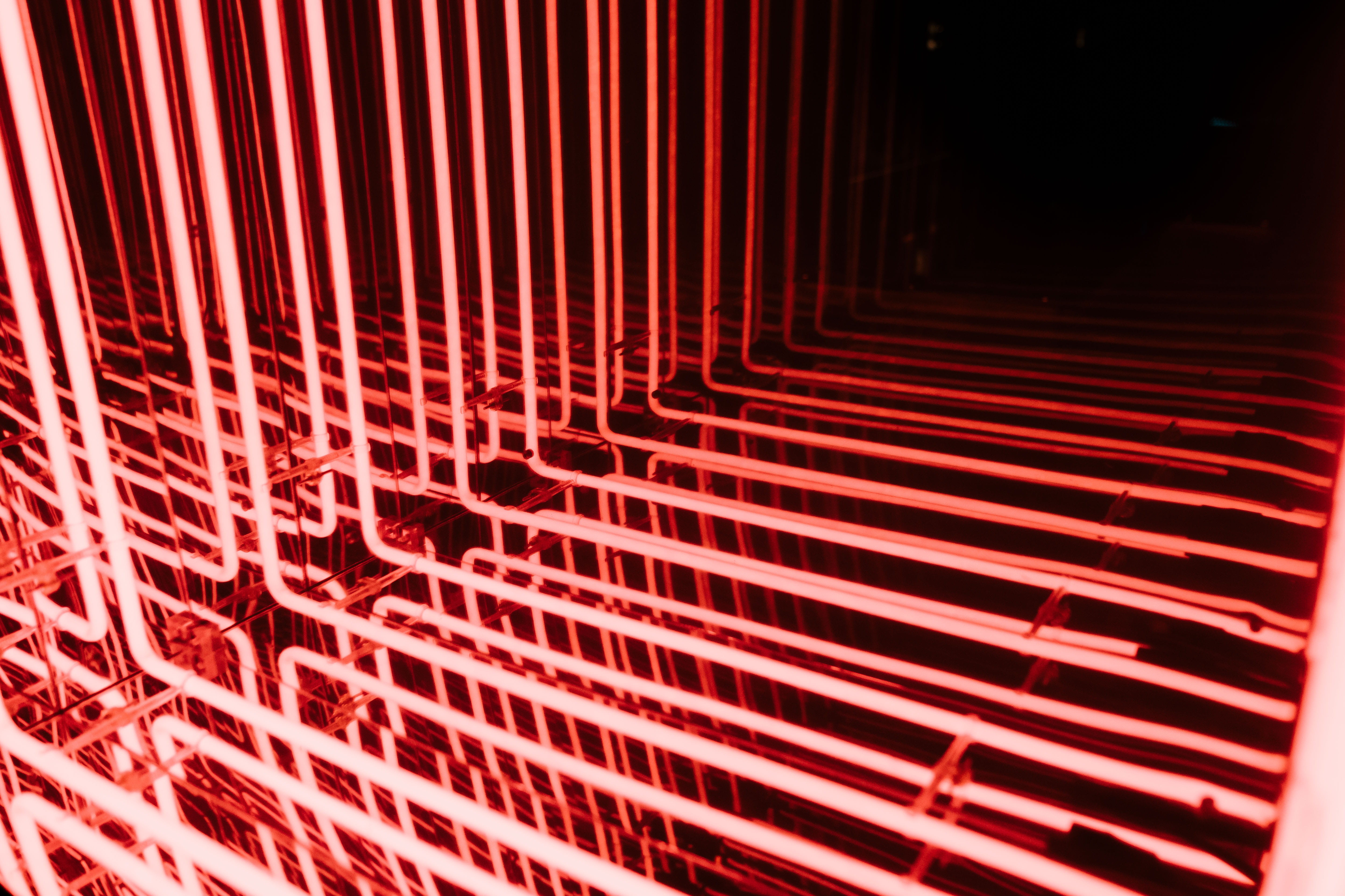 frame, science, 5K, repetition, infinityprism, glow, repeat, shape, backgrounds, red, colour, abstract, club, pattern, neon, minimal, industry, technology, HD Wallpaper
