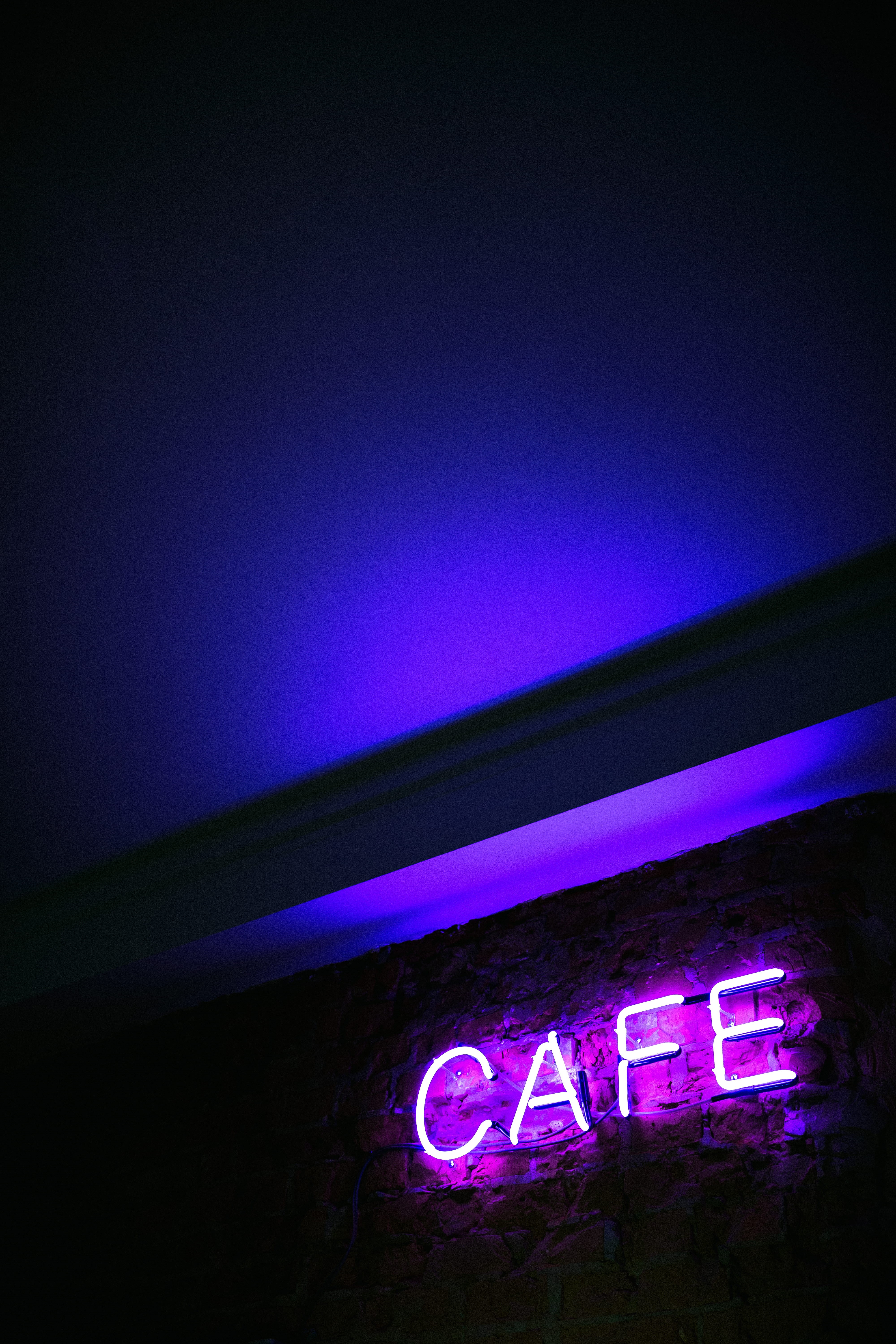 dusk, outdoors, cafe, dark, night, information, mounted, text, led, blue, capital letter, signage, sign, built structure, light, western script, purple, Phone HD Wallpaper