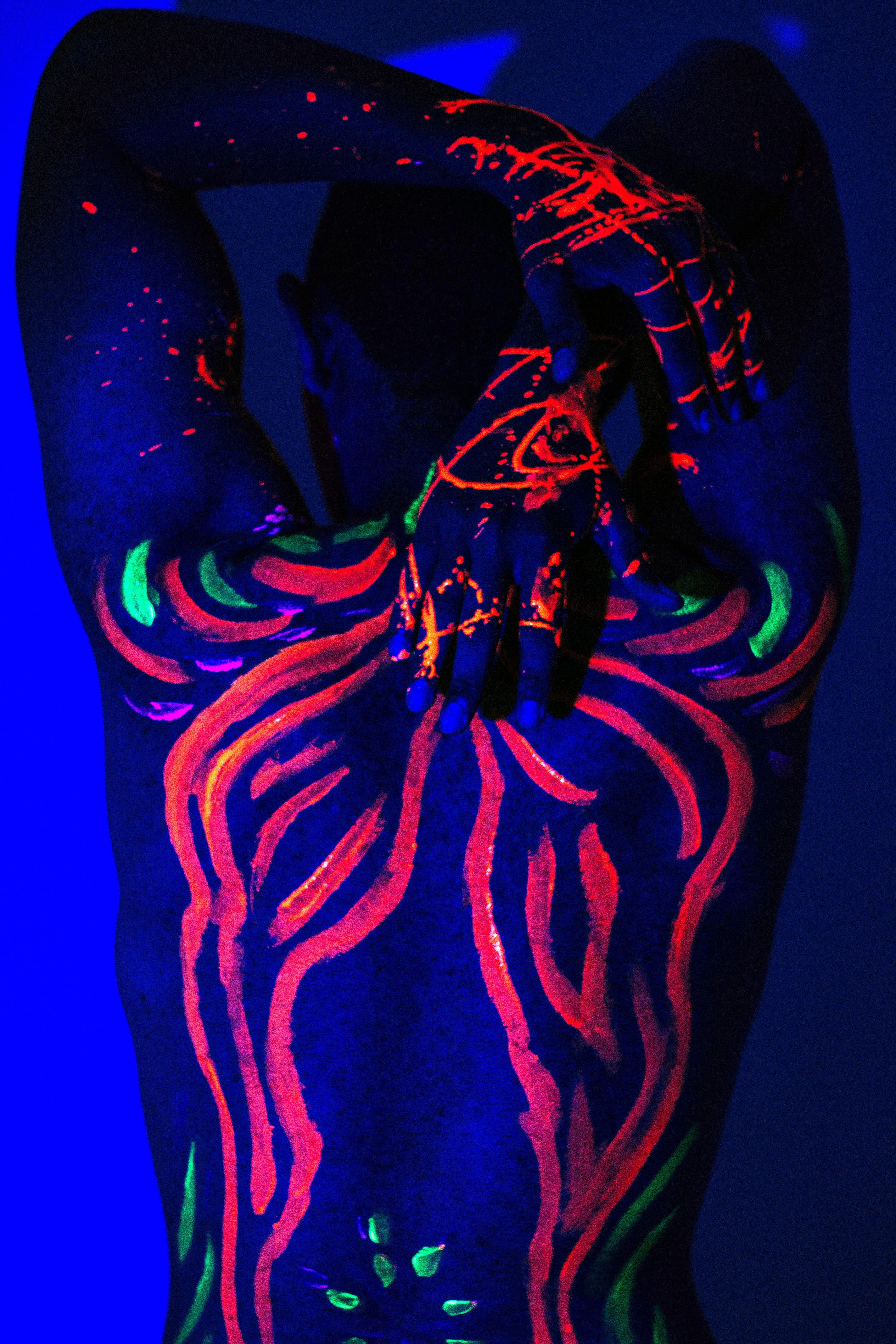 people, young adult, person, back view, creativity, real people, body art, dark, human body part, pattern, women, back, three quarter length, blue, colors, Phone HD Wallpaper