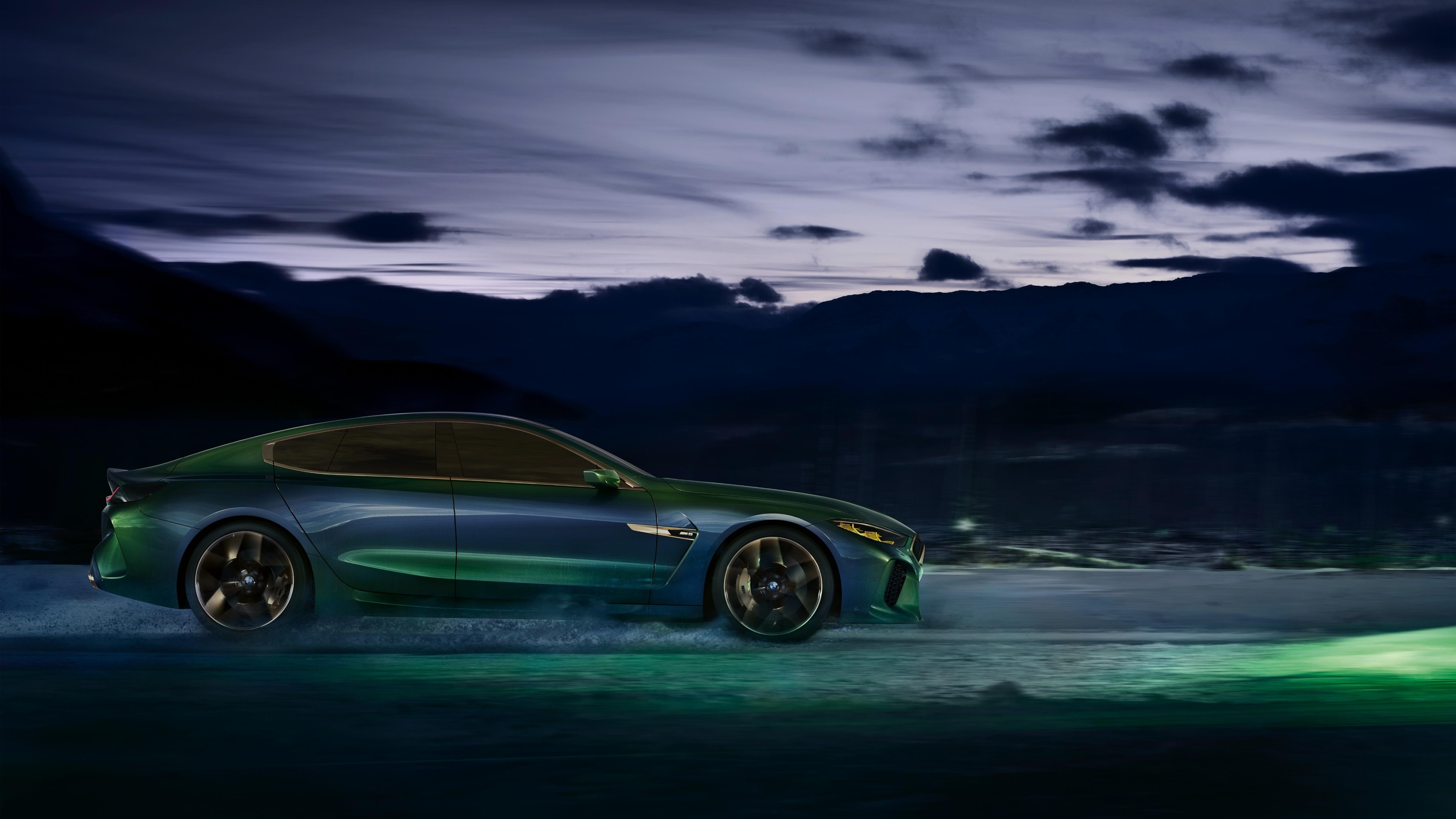 mode of transportation, dusk, sky, travel, bmw m8 gran coupe, motion, cloud - sky, water, bmw 8 series, luxury vehicle, transportation, mountain, darkness, HD Wallpaper