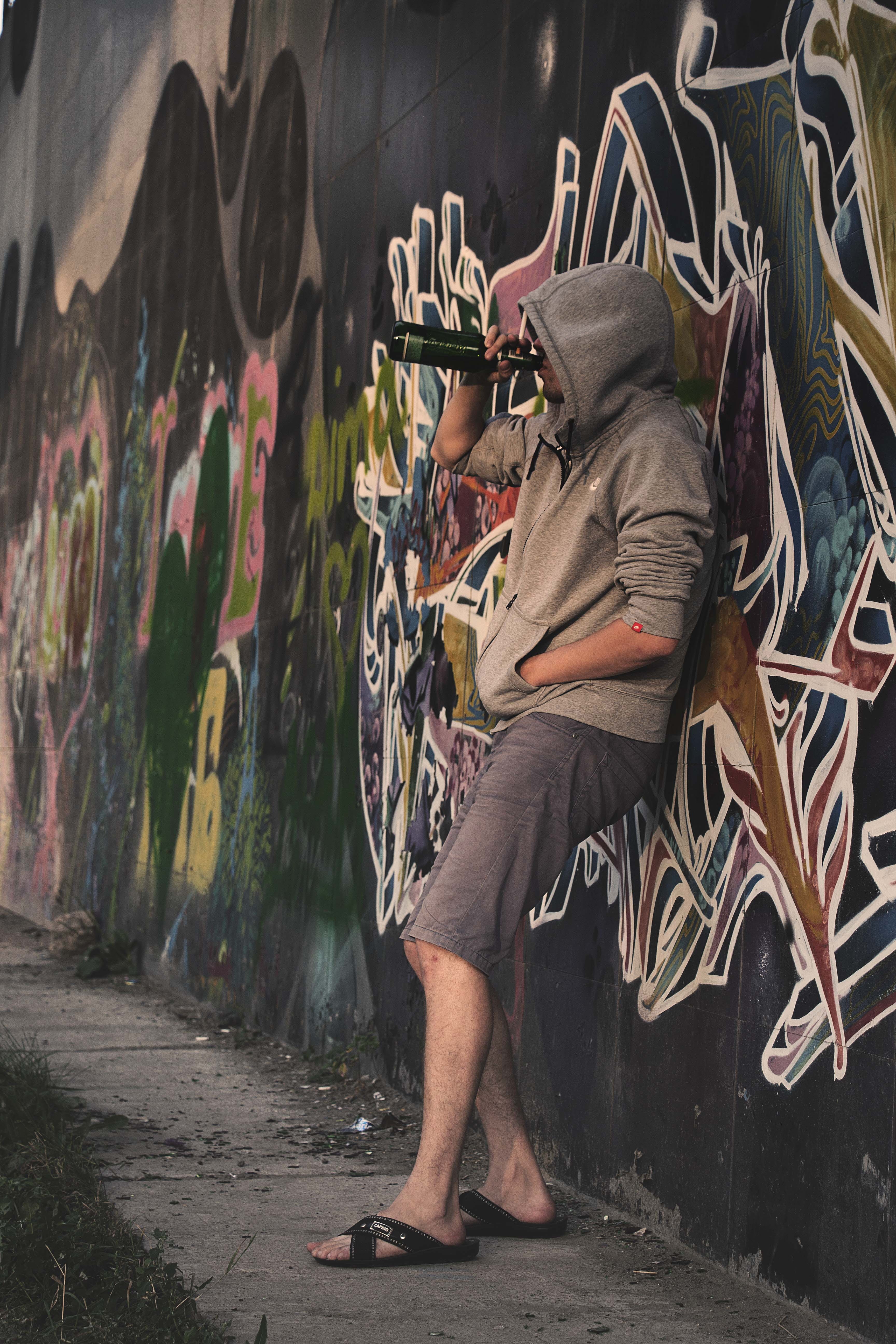 casual clothing, alcoholism, architecture, addiction, lifestyles, intoxicated, graffiti wall, abuse, alcohol, leaning, shorts, rehabilitation, men, vodka, Phone HD Wallpaper