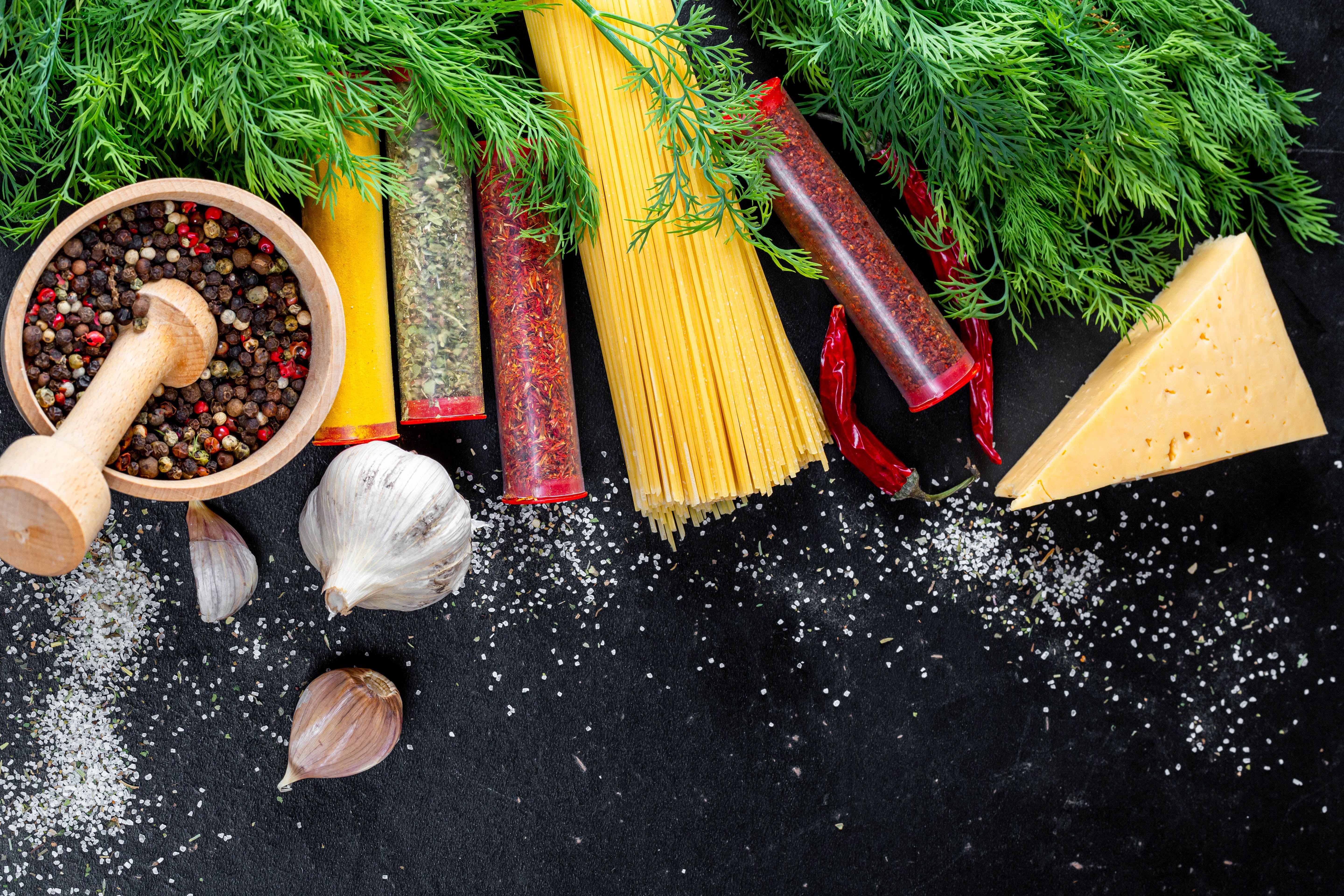 jars, table, greens, spices, cheese, spaghetti, food, cooking, the mixture of peppers, pepper, pasta, dill, 5K, mortar, the dark background, Chile, garlic, HD Wallpaper