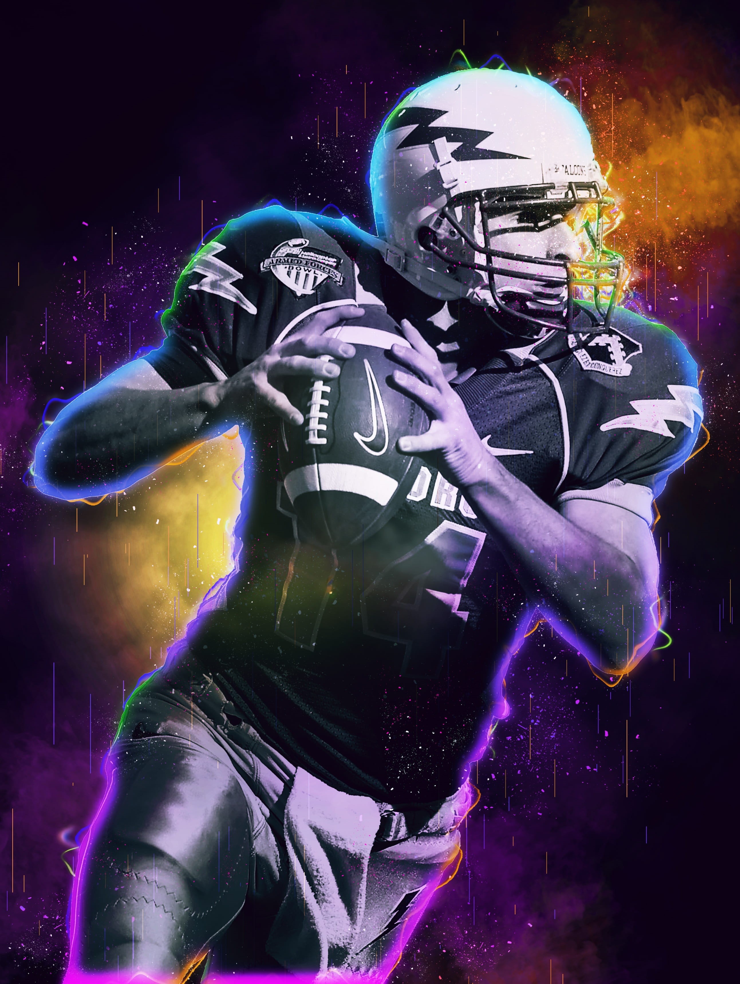 digital composite, creativity, headwear, one person, illuminated, obscured face, night, real people, gridiron, men, football player, indoors, ball carrier, Phone HD Wallpaper