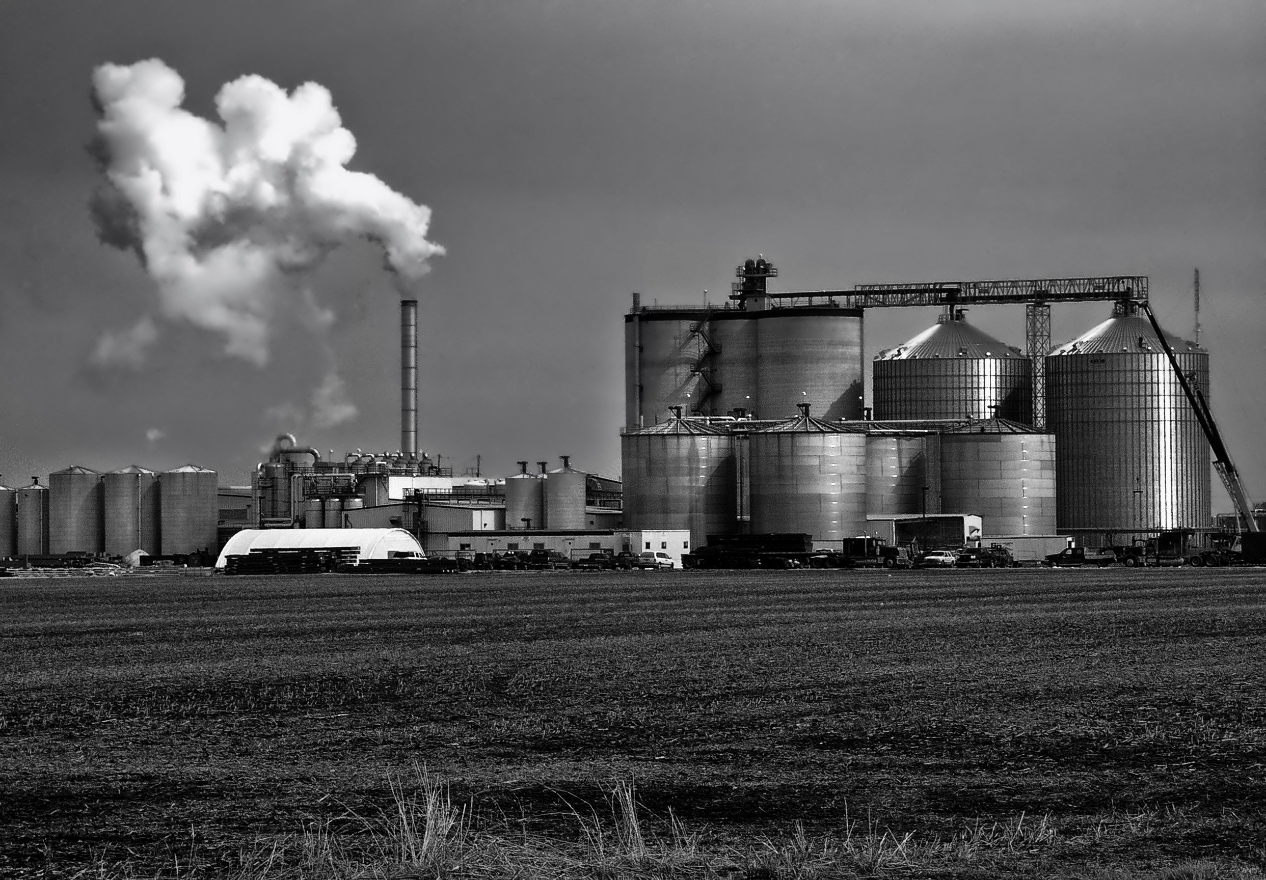 no people, cooling tower, land vehicle, buildings, air pollution, 1080P, outside, outdoors, ethanol, architecture, nature, black and white, countryside, HD Wallpaper