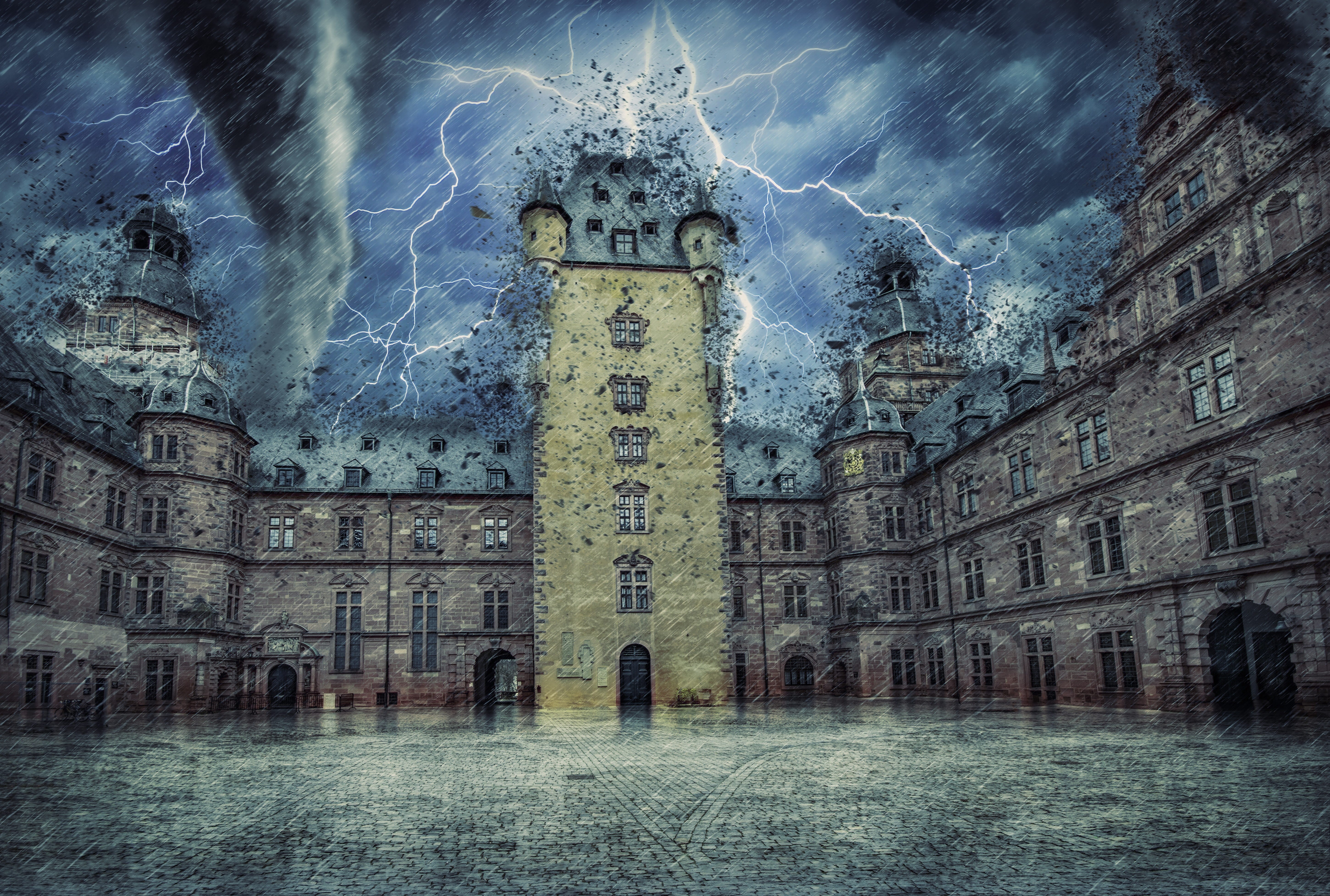 cloud - sky, bavaria, precipitation, brown, building exterior, old town, the past, thunder storm, lightning, nature, construction, ancient, architecture, HD Wallpaper
