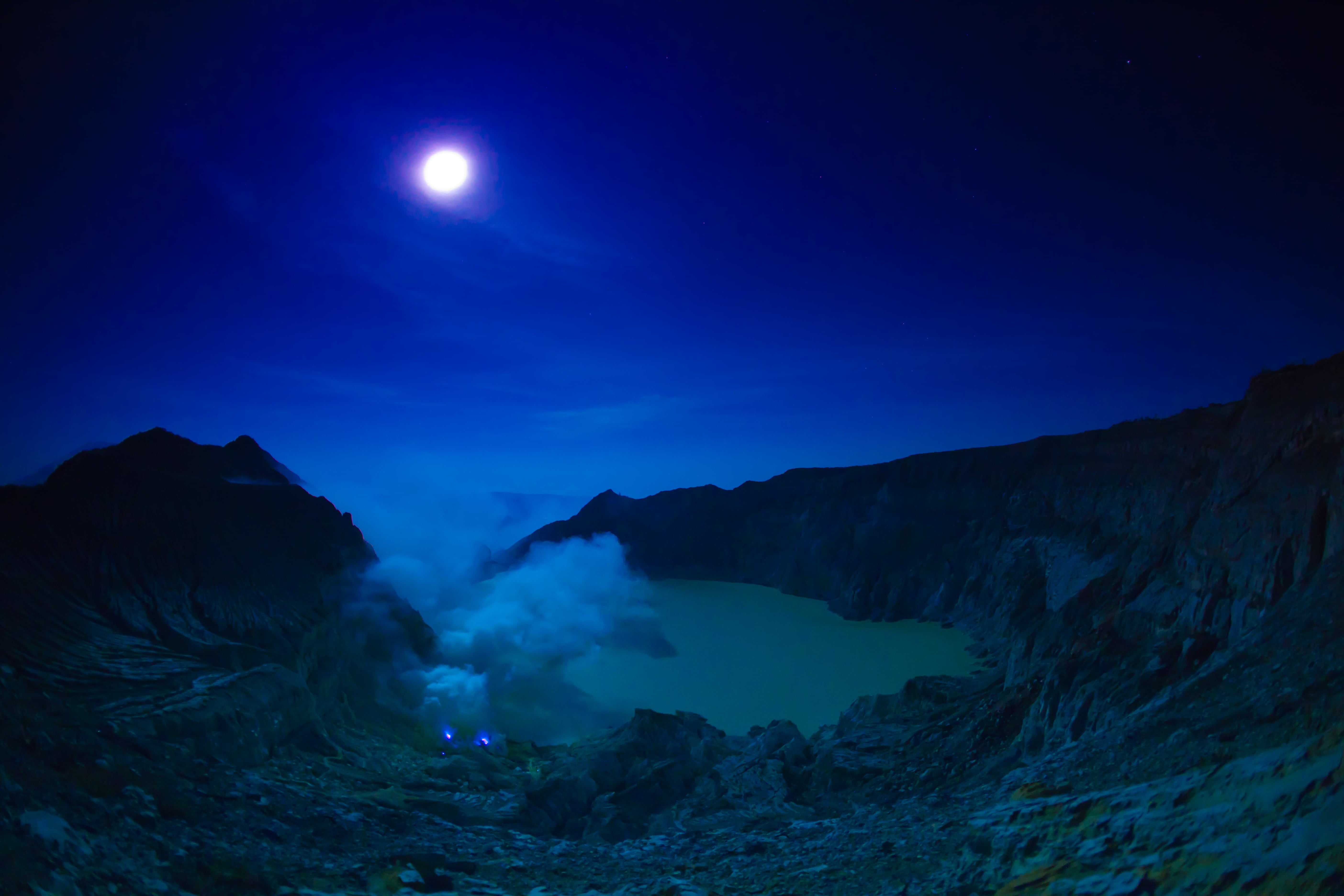 nature, stars, acid, landscape, night, Indonesia, mountain, scenics, sky, mystic  lake, sulfur, view, Moonlight Serenade, 5K, at night, lake, blue, outdoors, HD Wallpaper