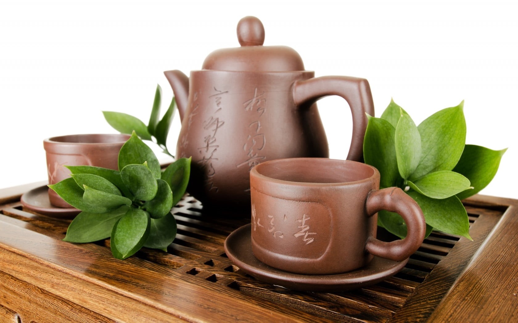 coffee Cup, kettle, set, plant, decoration, green Color, coffee - Drink, nature, breakfast, crockery, 720P, cups, liquid, food, porcelain, table, white background, HD Wallpaper