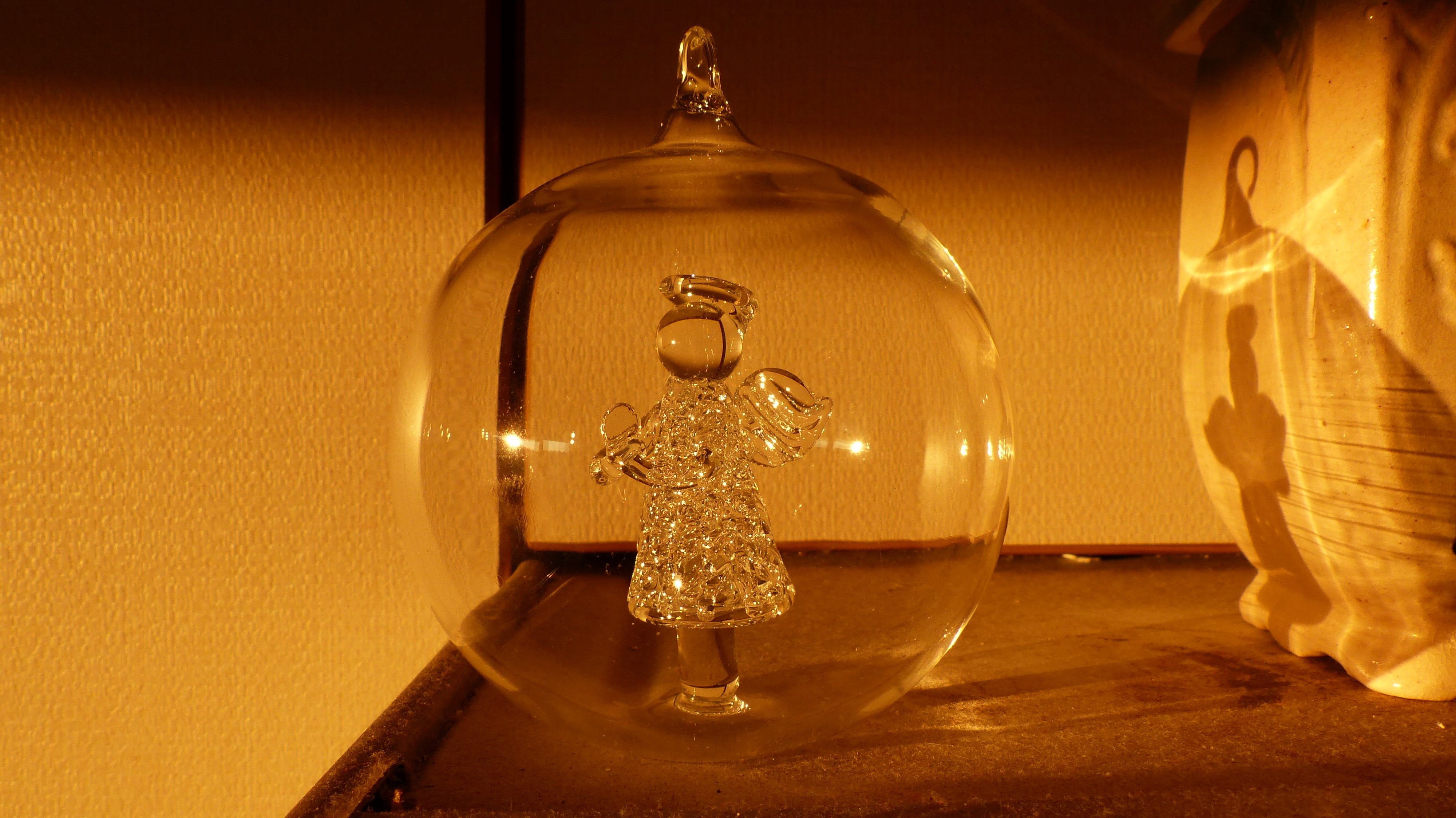bauble, night, angel, glass - material, luxury, Noel , clear, Christmas, 4K, shiny, gold colored, filament, ornate, transparent, history, lighting equipment, HD Wallpaper
