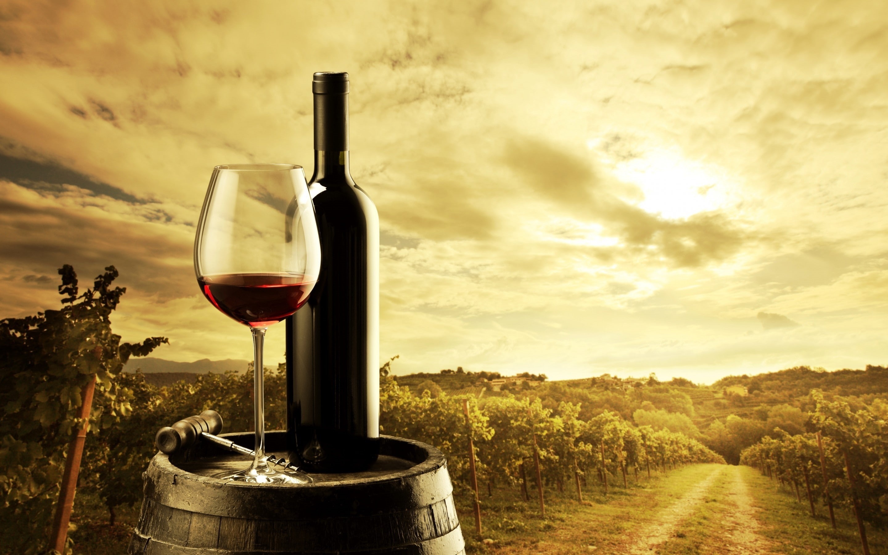 glass, 2K, landscape, red, bottle, wine, HD Wallpaper