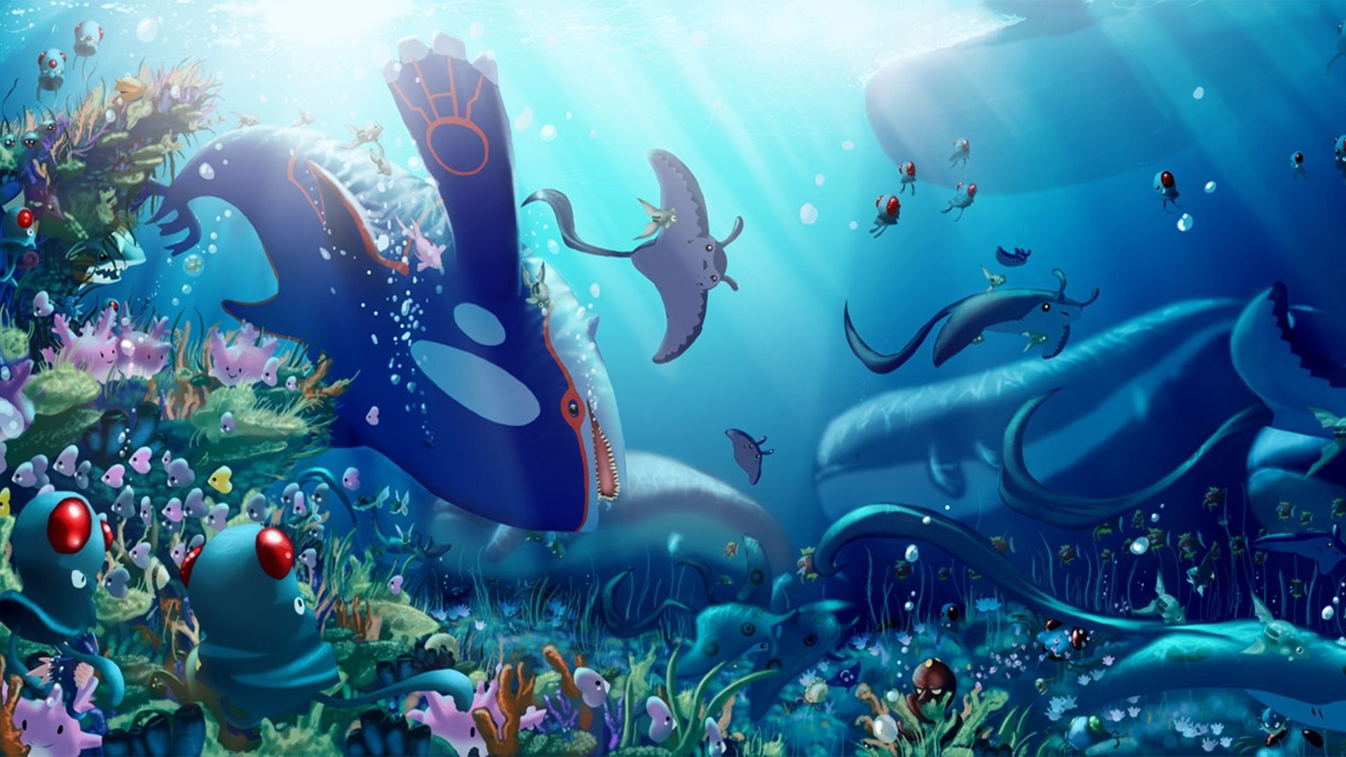 animals in the wild, 1080P, illustration, tank, kyogre, swimming, nature, whales, Pokémon, large group of animals, Tentacool, fish, marine, no people, HD Wallpaper