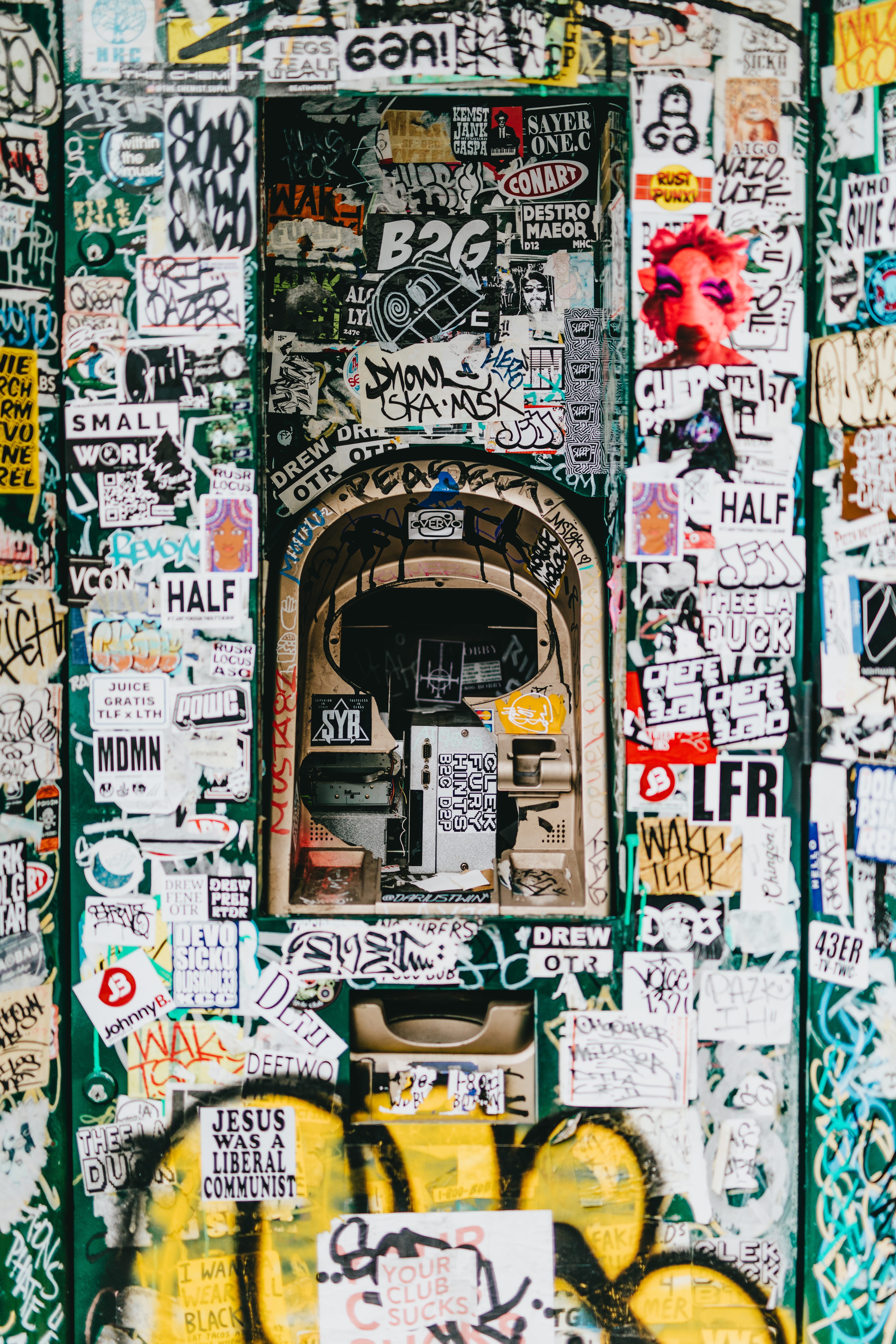 Wallpaper ID: 771174 / script, backgrounds, gritty, day, built structure,  paper, atm, texture, graffiti, human representation, multi colored,  untitled, street art, architecture free download